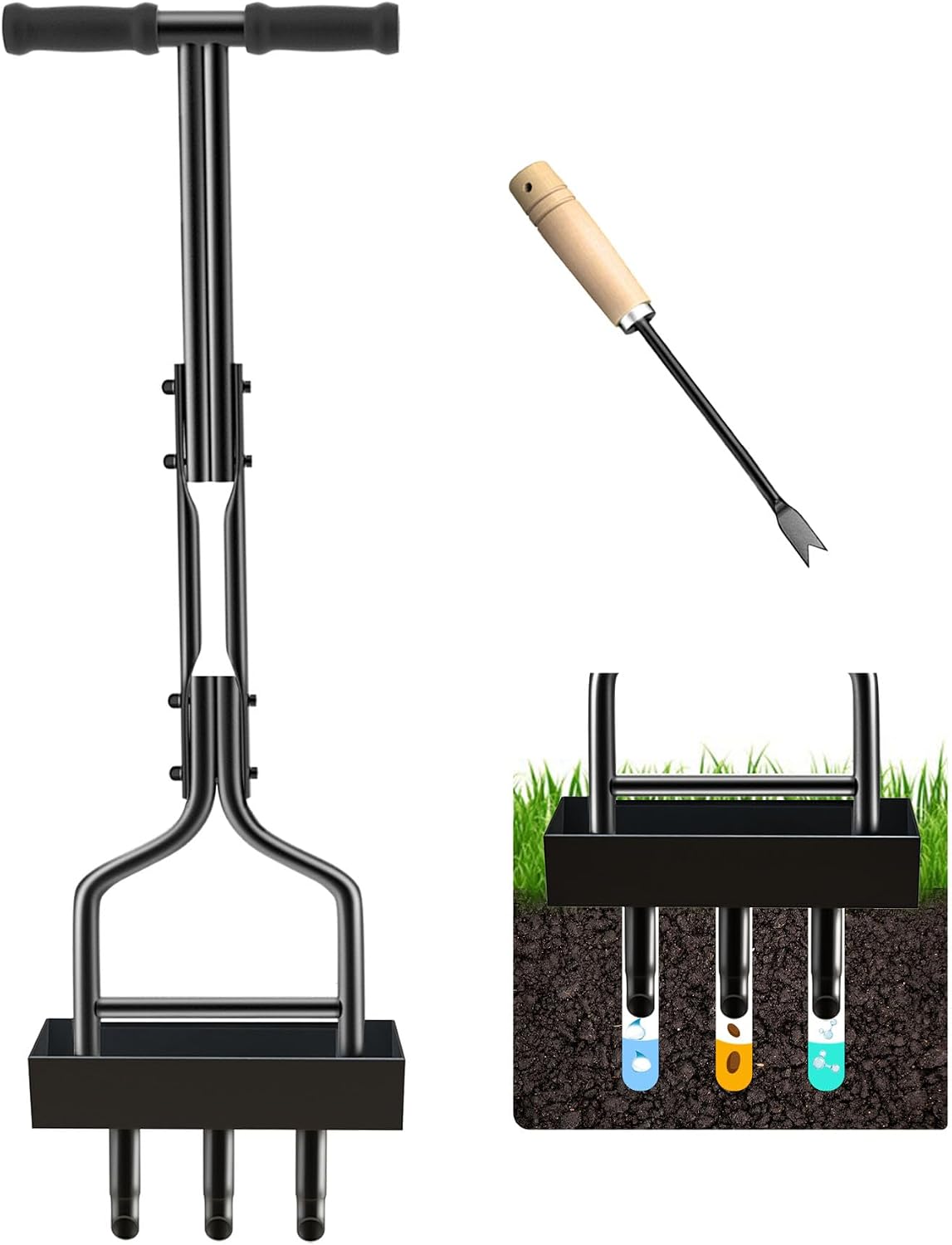 Detalle de Kedoxi Lawn Aerator Coring Tool 3 Core handmatige gazonbeluchter met opvangbak