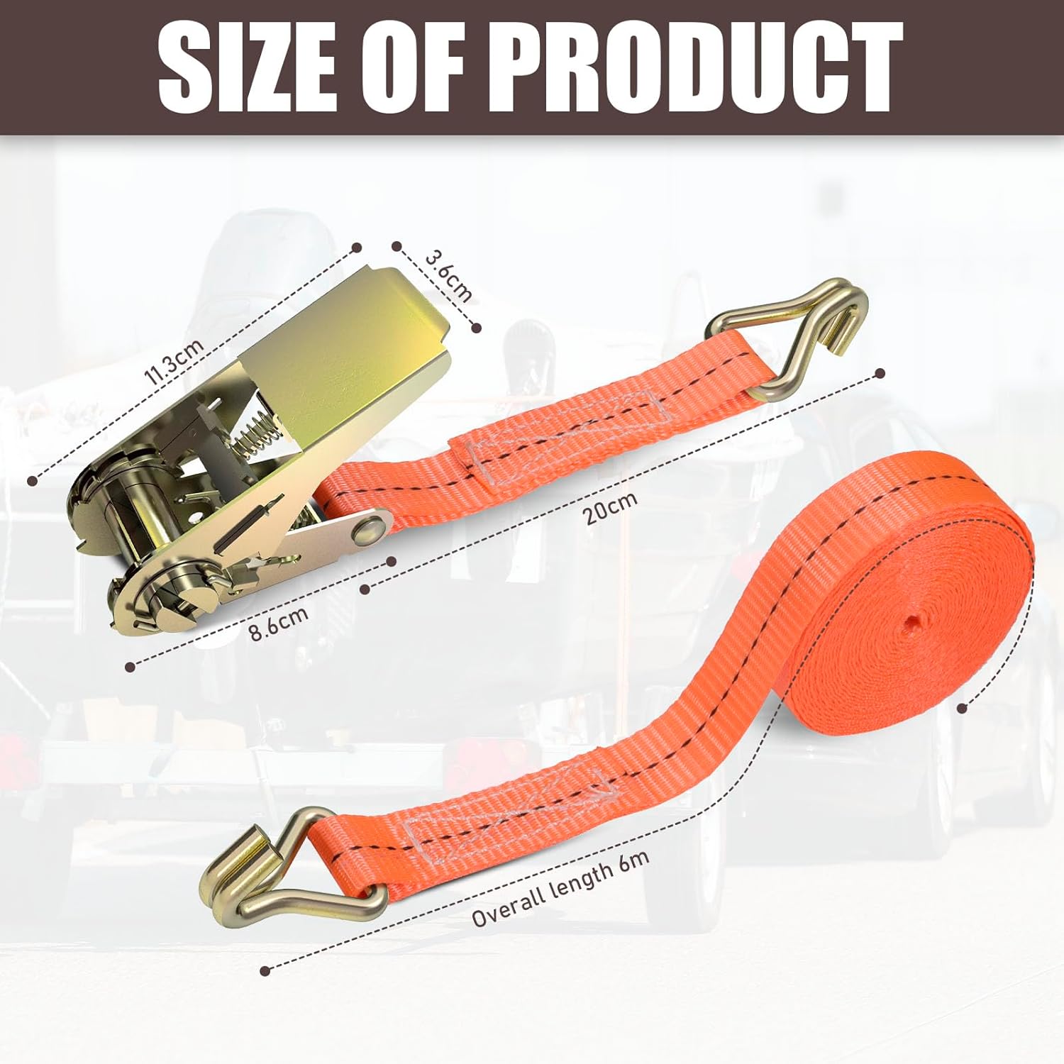 Thumbnail 6 de GLOSKIN Lot de 4 sangles d’arrimage à cliquet avec crochets – 5,5 m × 2,5 mm, 1000 kg (orange)