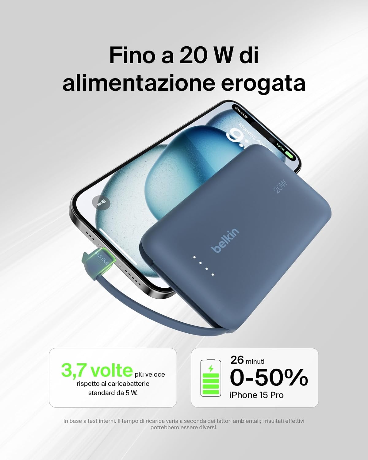 Detalle 2 de Belkin BoostCharge power bank 10.000 mAh con cavo integrato e PD 20 W