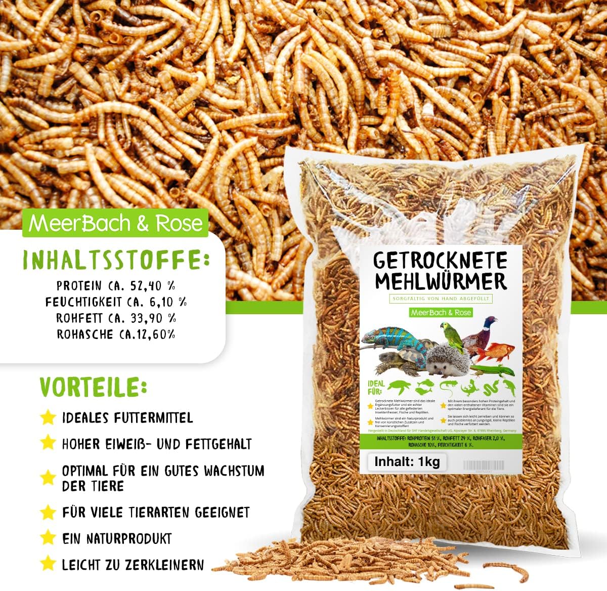 Thumbnail 3 de Mehlwürmer getrocknet, 1 kg – proteinreicher Snack für Wildvögel, Fische, Reptilien, Schildkröten und Igel