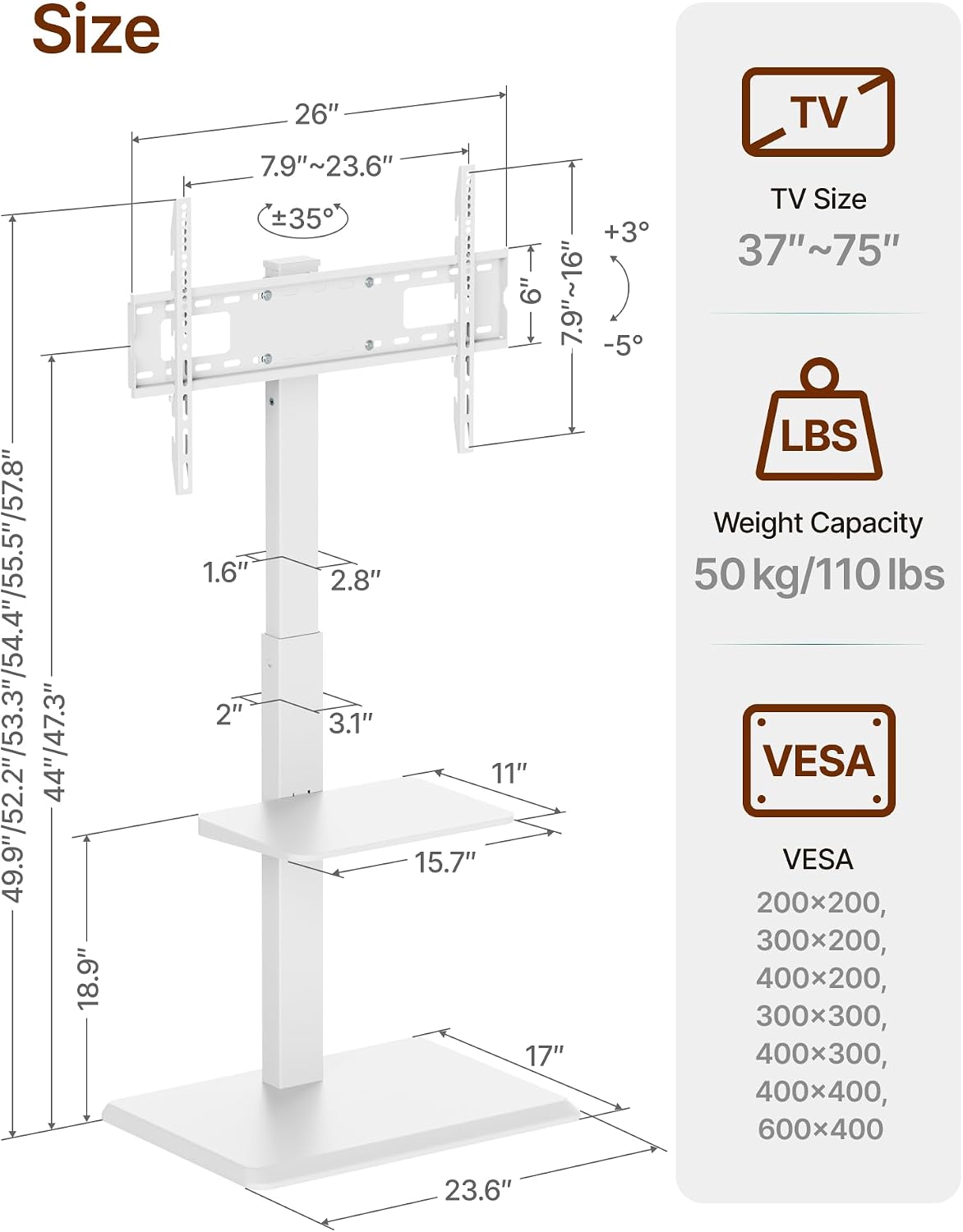 Thumbnail 6 de ECOTINY Steel Base Floor TV Stand for 32-75 inch TVs up to 110 lbs with Leveling, Tilt, and Swivel
