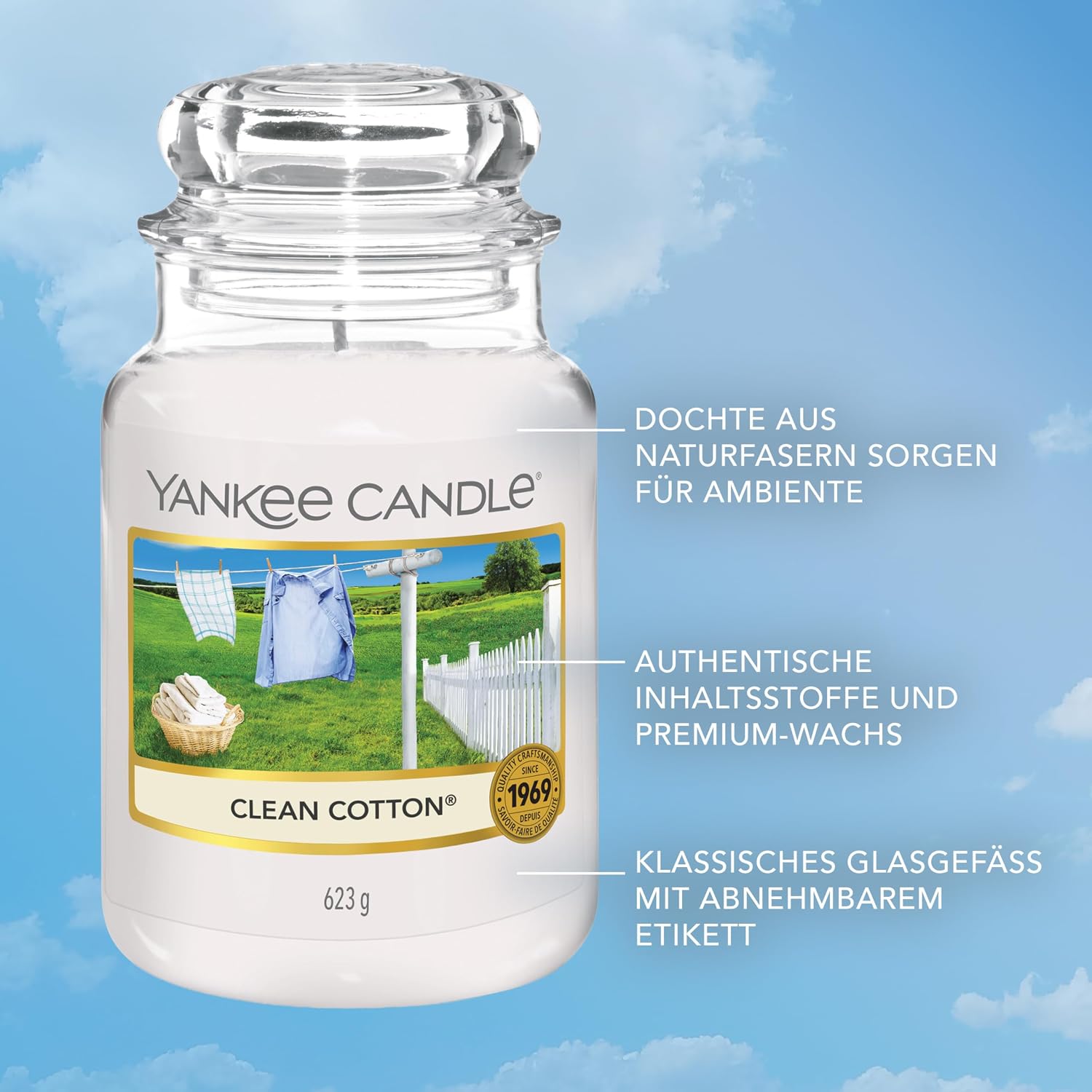 Thumbnail 4 de Yankee Candle Duftkerze im Glas (groß) – Clean Cotton, lange Brenndauer bis zu 150 Stunden