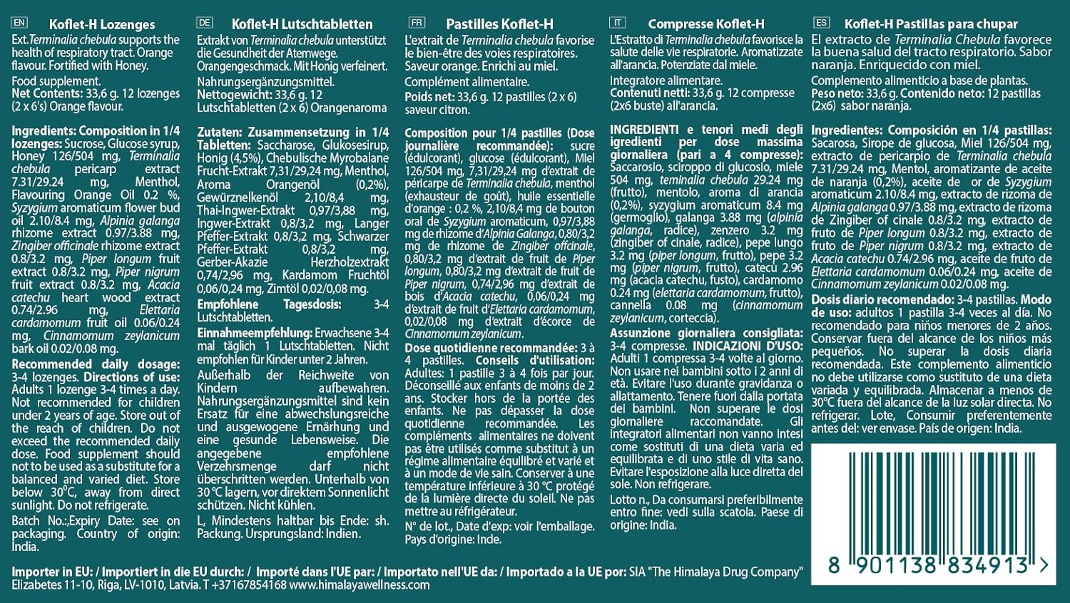 Detalle de Himalaya Herbals Koflet-H Lozenges 🍊 con Miel y Jengibre – 12 unidades