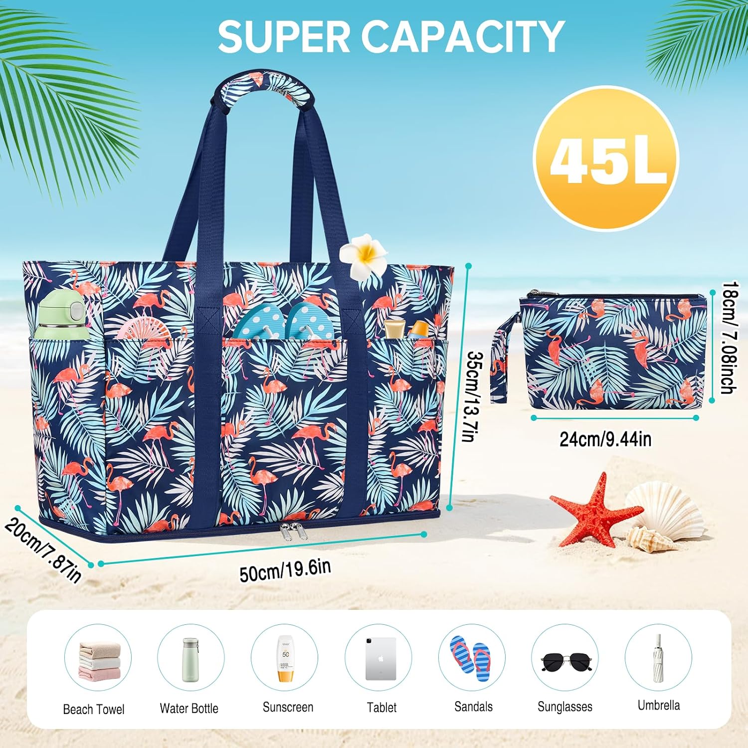 Thumbnail 3 de LUROON Strandtasche XXL Familie mit Reißverschluss – Große, faltbare Badetasche 45L für Strand, Pool & Reisen