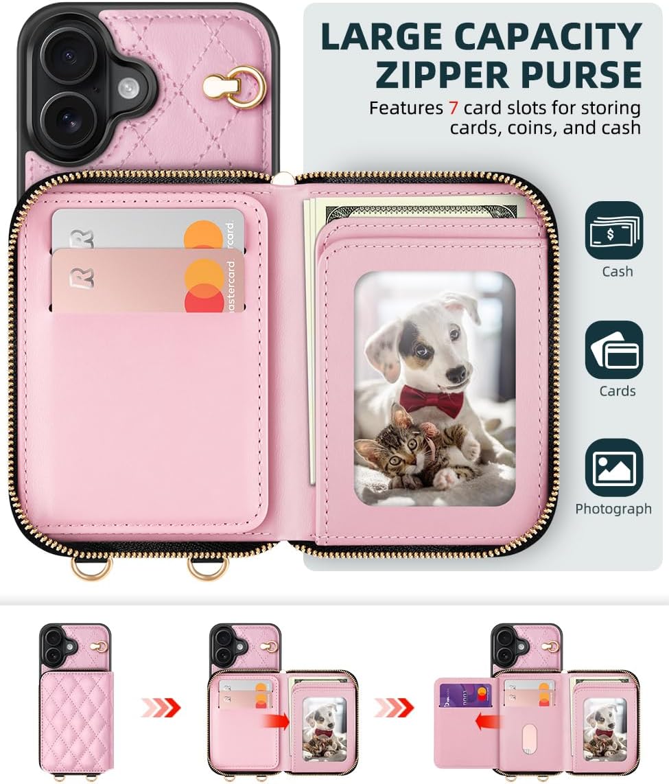 Thumbnail 2 de OCASE Brieftaschen-Hülle für iPhone 17 (6,3 Zoll) mit RFID-Schutz, PU-Leder, Reißverschluss und Trageband – Argyle Rosa