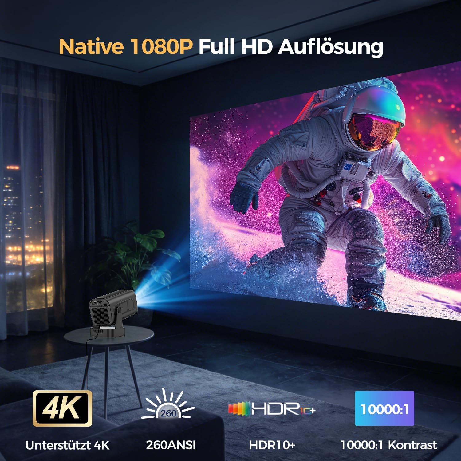 Detalle de Alwtniet HY310 Mini Beamer – 4K-Unterstützung, Autofokus & Android Heimkino