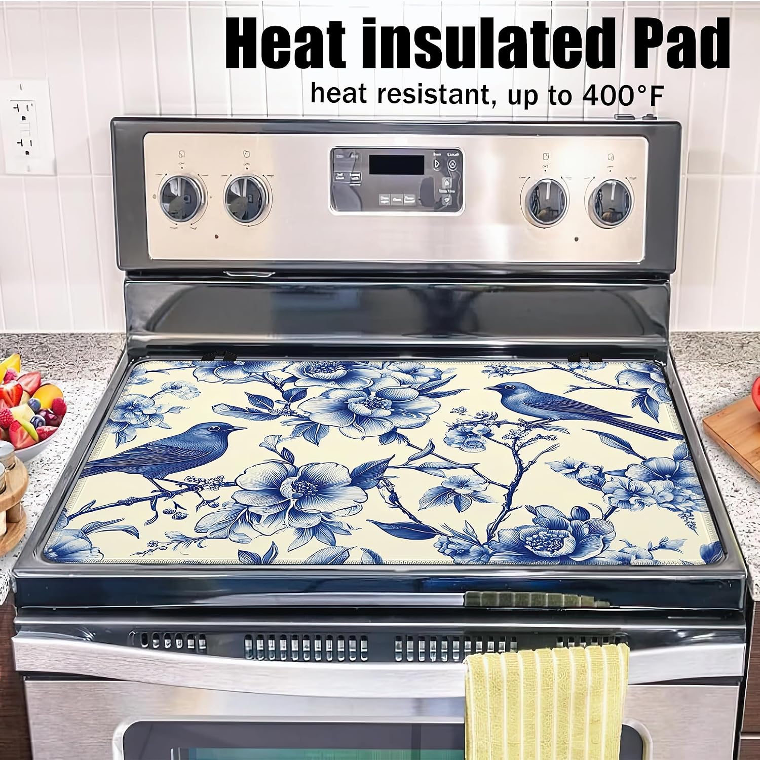 Detalle de YIKTI Blue Bird Stove Top Cover, 28 x 20-Inch Heat-Resistant Rubber Mat
