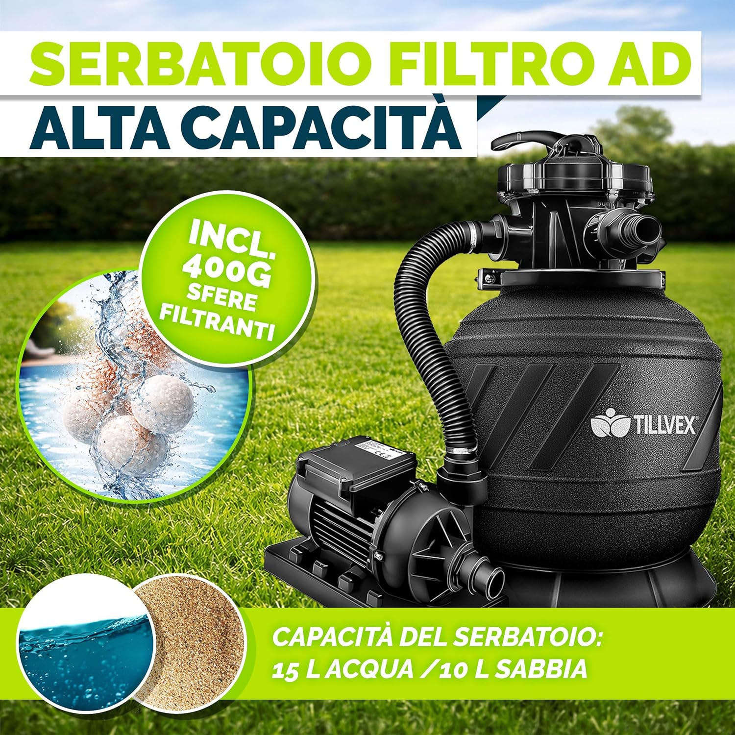 Thumbnail 6 de Pompa filtro piscina tillvex con portata 7.900 l/h e filtro a sabbia + valvola a 7 vie (adattatore 2in1 Ø32/38 mm)