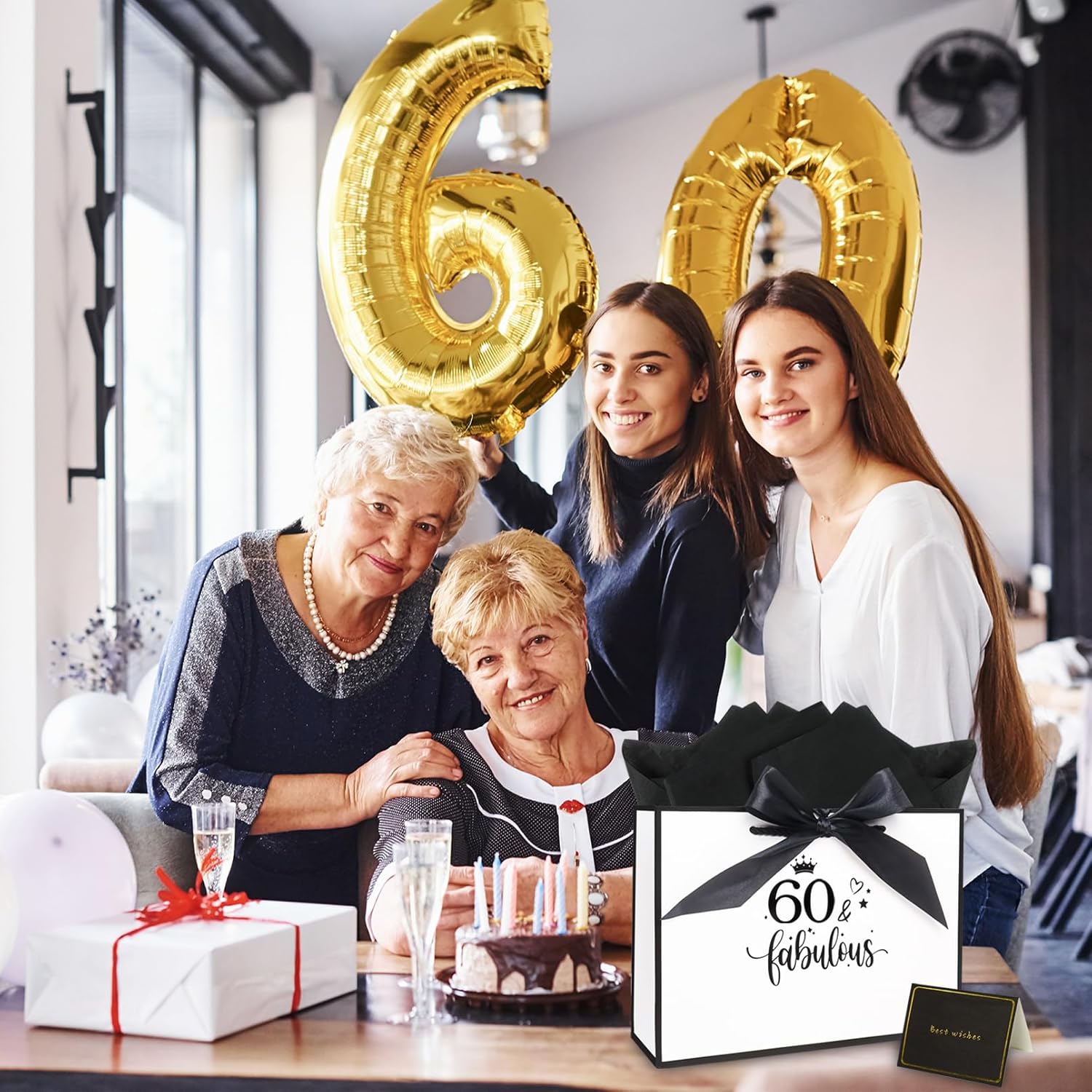 Detalle de 11.0× 8.0× 4.0 Inches 60th Birthday Gift Bag for Women – White Paper Gift Bag with Tissue Paper and Card