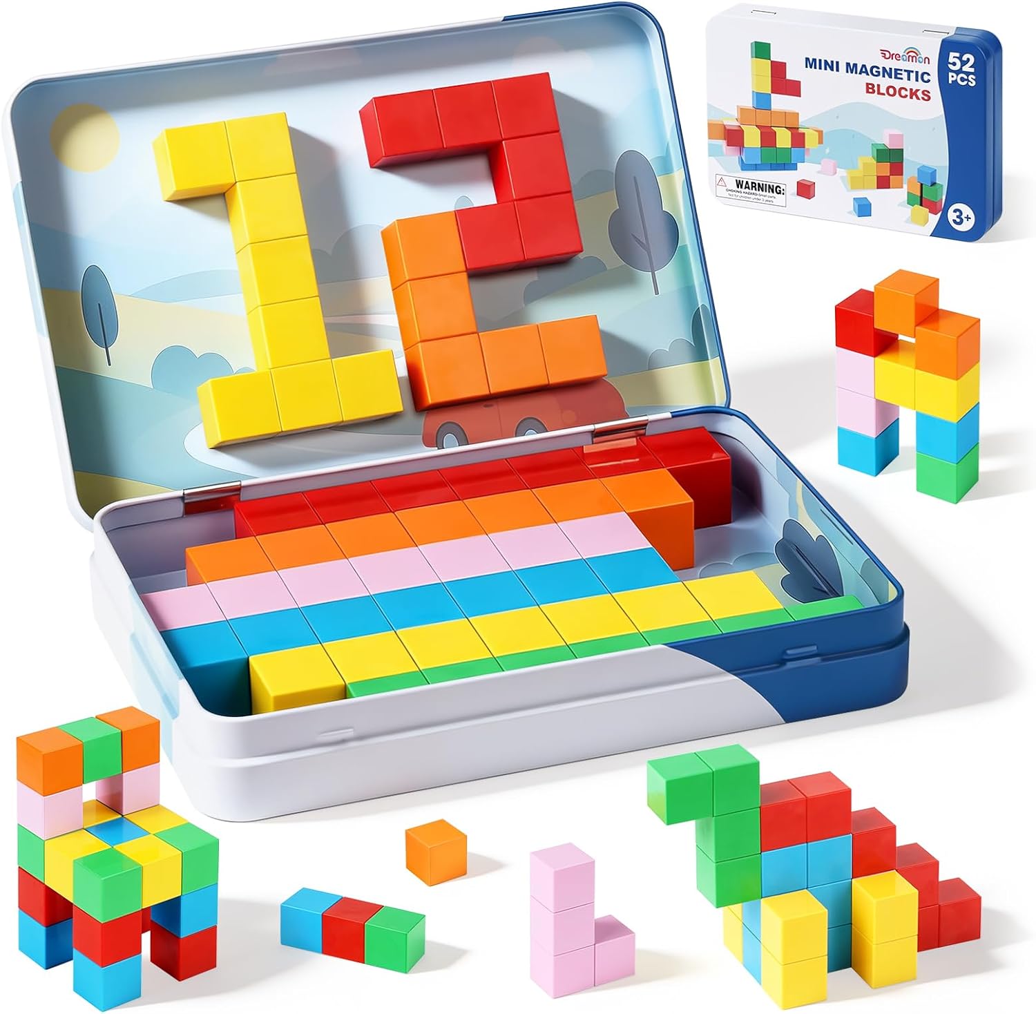 Detalle de 52 PCS Magnetic Blocks with Metal Box: A Compact STEM Travel Set for 3+