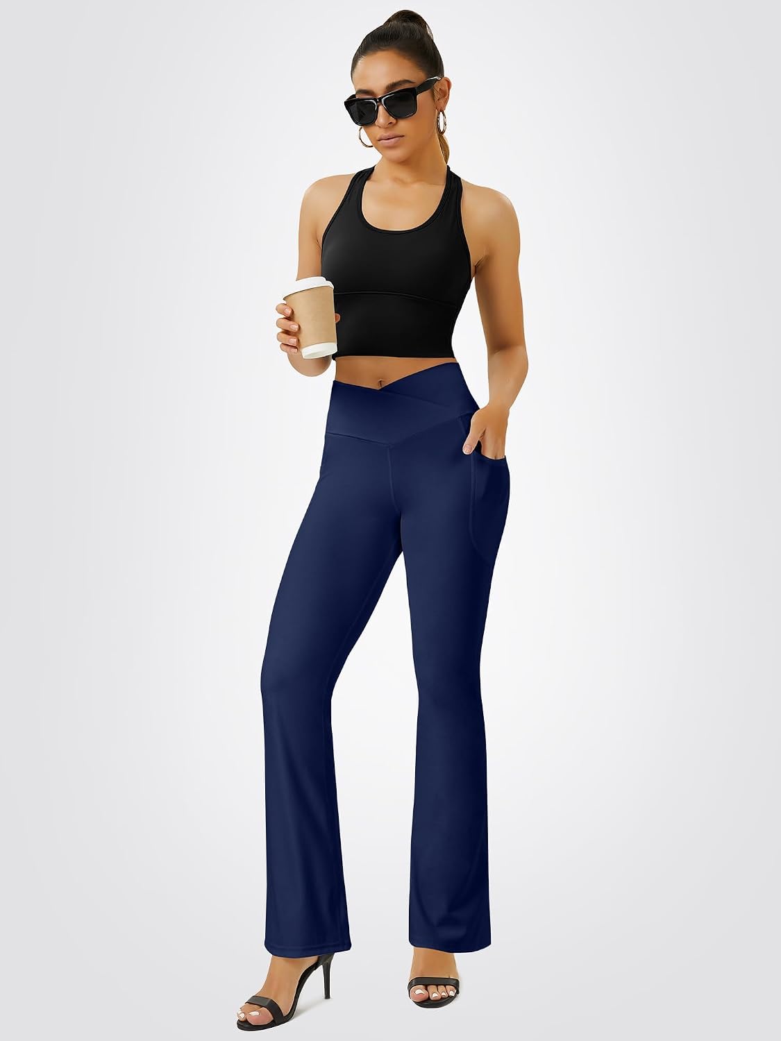 Thumbnail 4 de FOHOFO Flare Yoga Pants with Pockets, Crossover Waist and Seamless Front