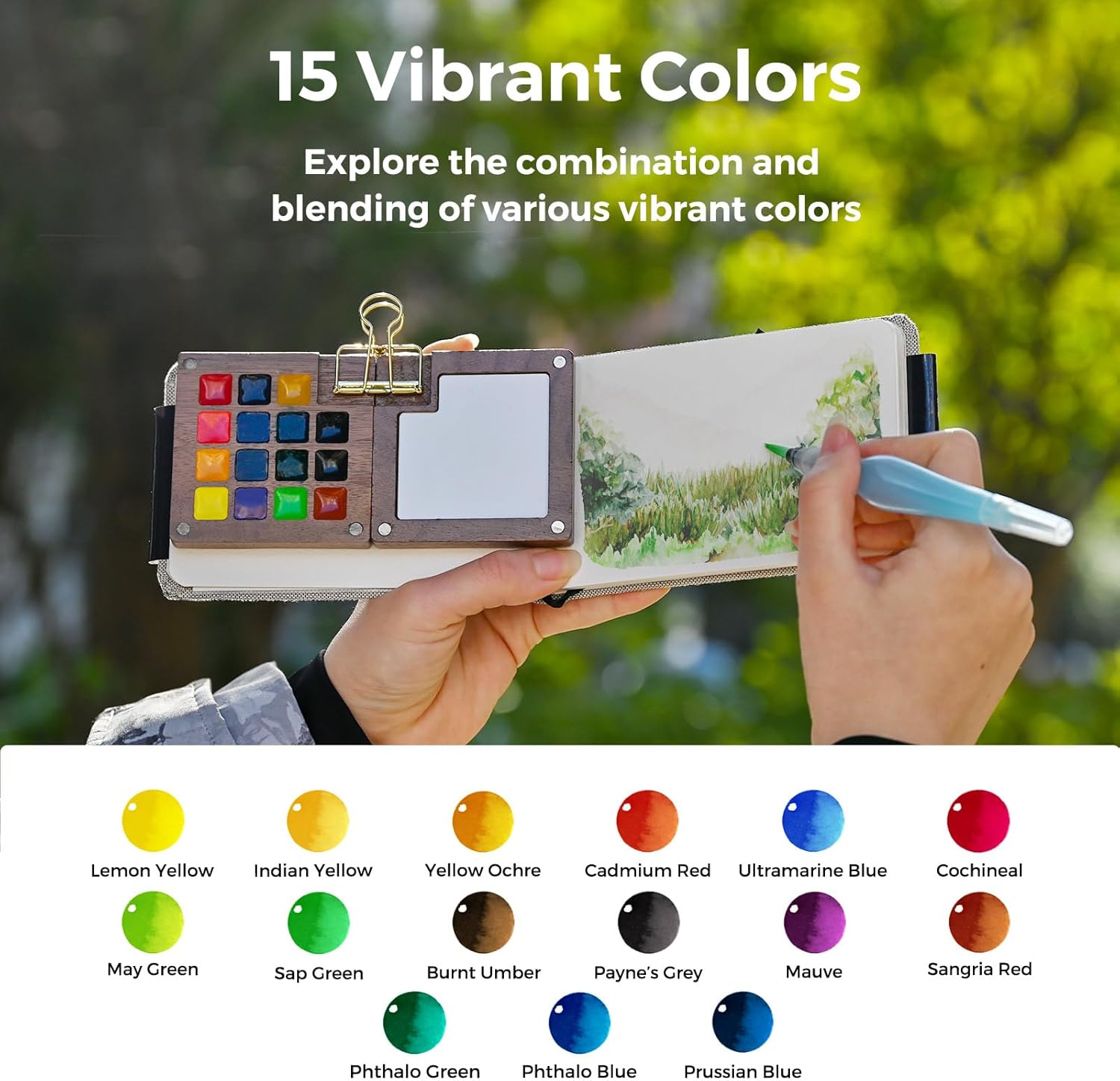 Thumbnail 2 de Funto Mini Watercolor Paint Set (15-Color) Walnut Wood Pocket Travel Kit with Crossbody Bag