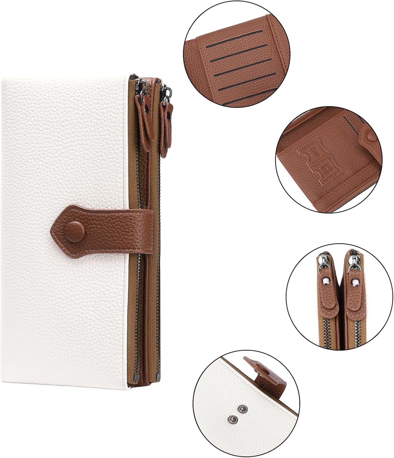 Detalle de GOIACII Womens RFID Blocking Wallet: Large Bifold with 13 Cards, Double Zip, White/Brown