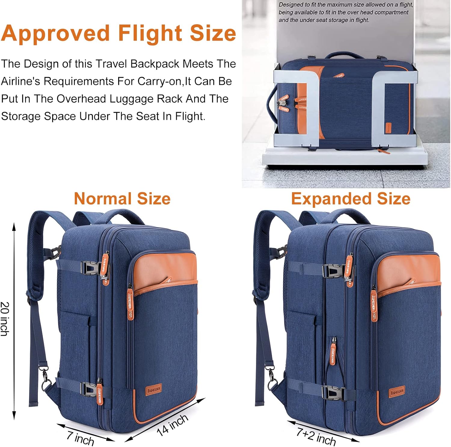 Detalle de Lumesner Carry on Backpack 40L: Extra Large, Expandable Travel Backpack for Flight & Day Trips