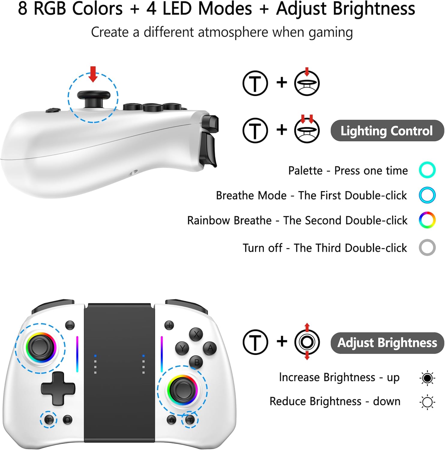 Detalle de RREAKA RREKA Switch Controller for Nintendo Switch / OLED – Wireless Pro Controller with Split-Design and 8 RGB Lights