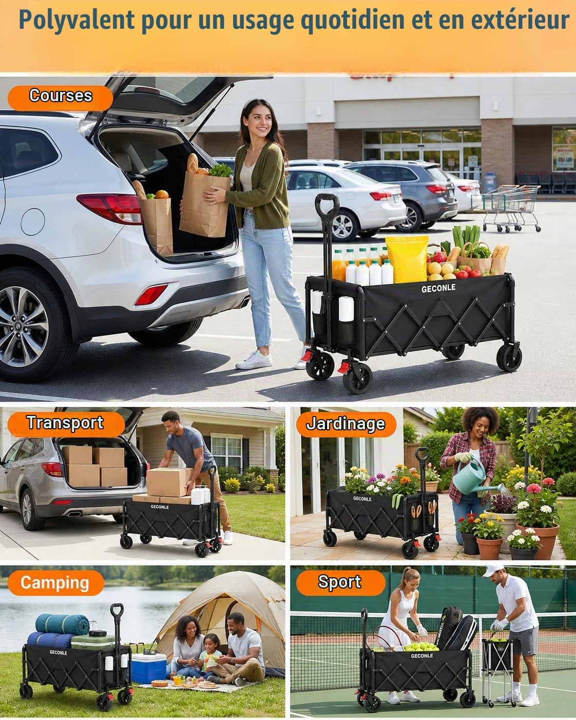 Detalle 2 de GECONLE Opvouwbare bolderkar van 160 l, tot 100 kg, met draaibare wielen