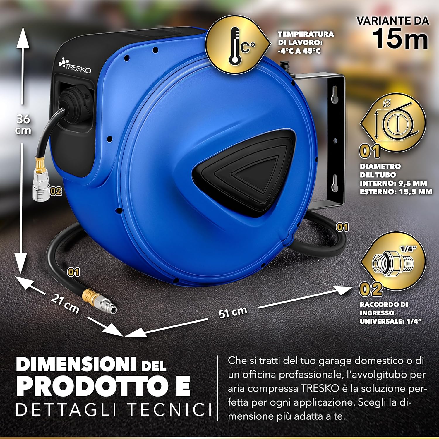 Thumbnail 1 de TRESKO Avvolgitubo Aria Compressa 15 mt con Tubo — Avvolgitubo Pneumatico 1/4", Arresto Automatico, Riavvolgitore, Blu