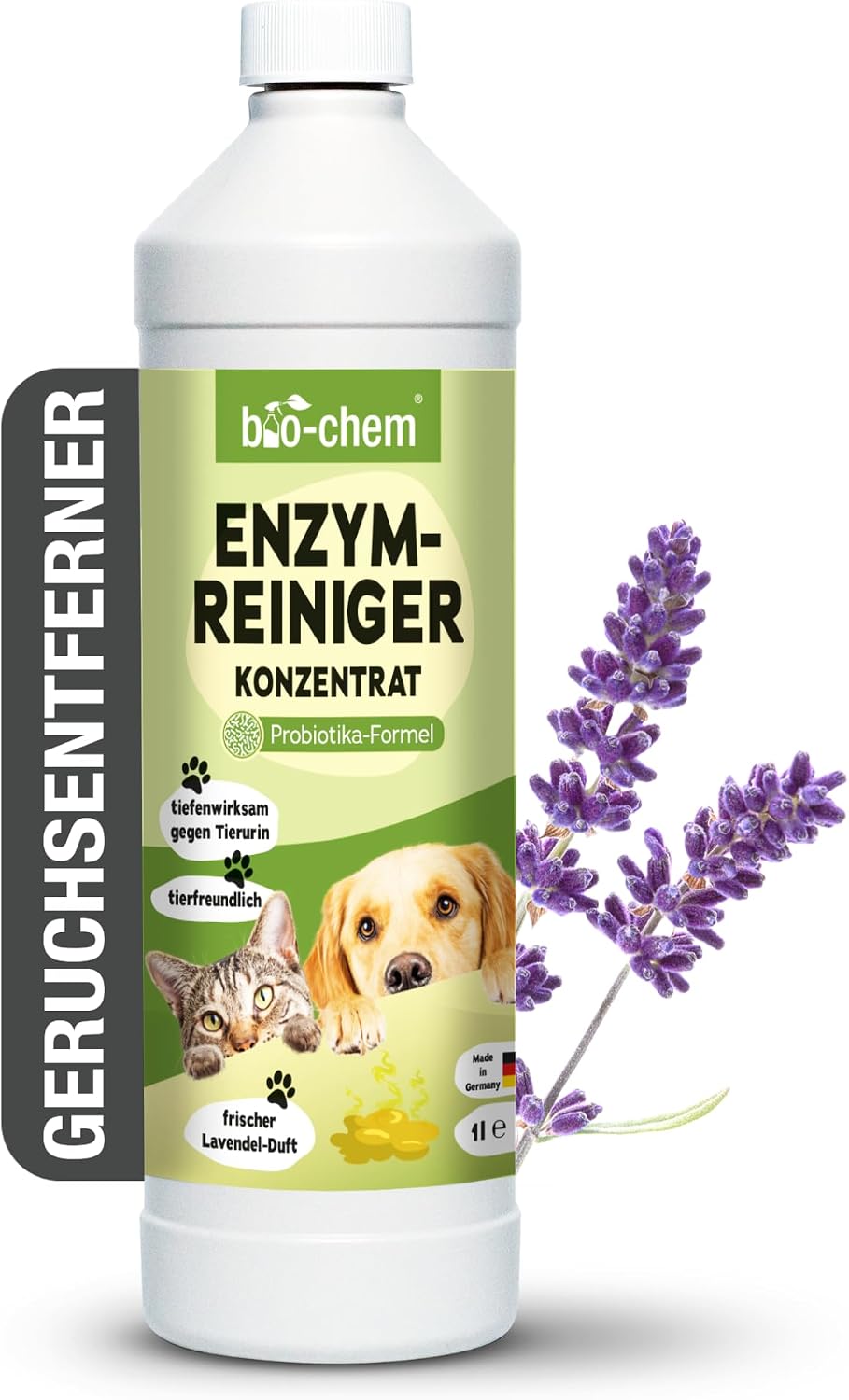 bio-chem Enzymreiniger Konzentrat 1L gegen Tiergeruch – Mikrobiologischer Geruchsneutralisierer mit Lavendelduft