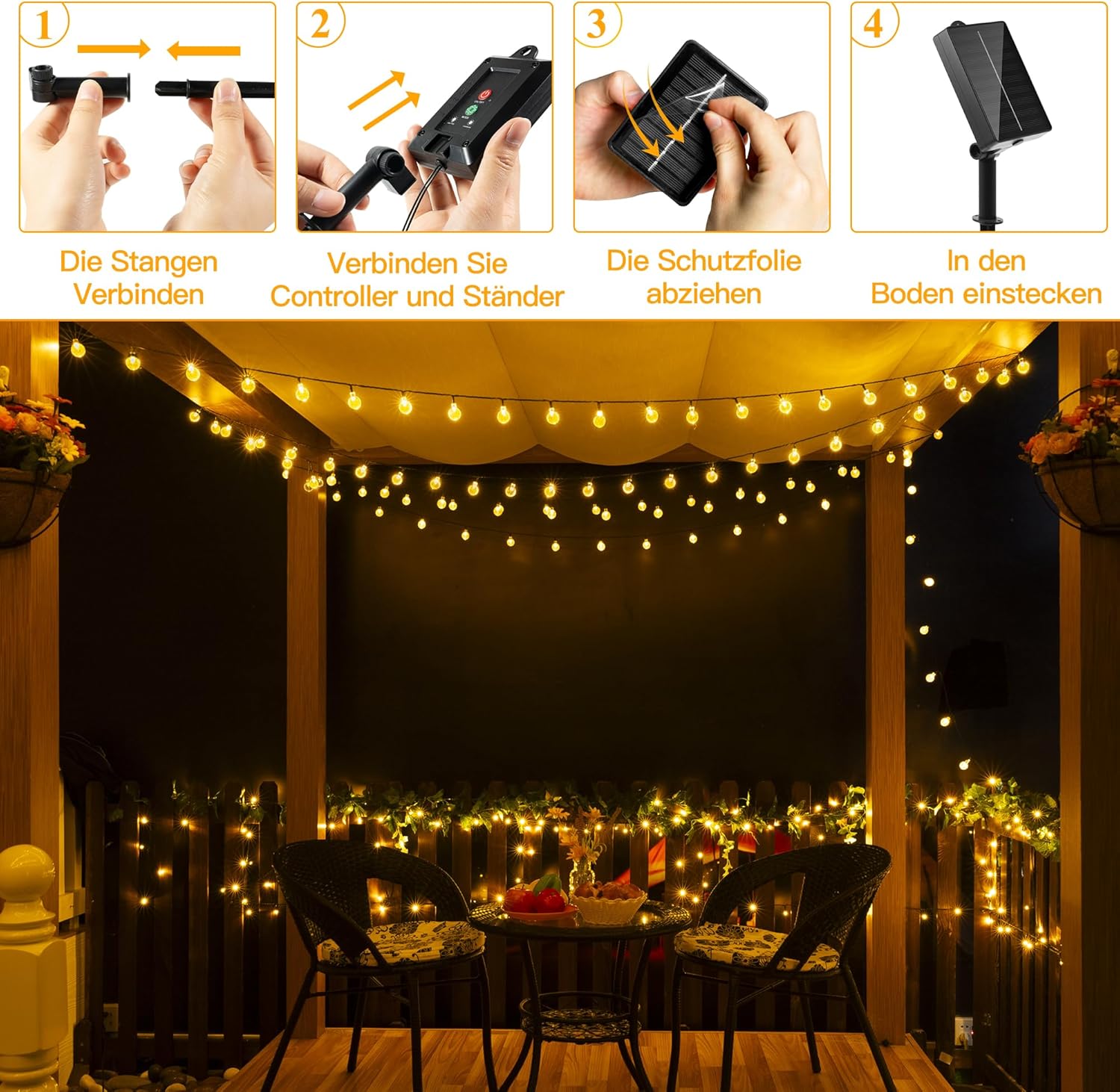 Thumbnail 4 de Ollny Solar Lichterkette Außen 5 m mit 30 warmweißen LED, IP65, 8 Modi (Solar, wetterfest)