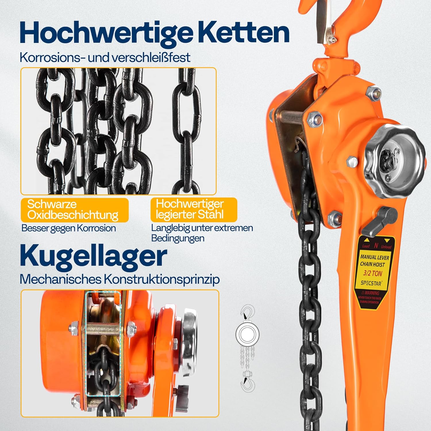 Detalle 2 de SPECSTAR Hebelzug 1500 kg – Manueller Kettenzug mit 360° drehbarem Haken, G80 Kette, 3 m Hubhöhe