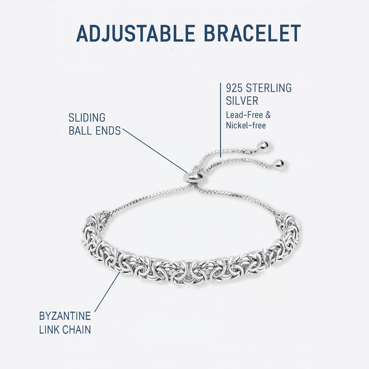 Detalle de LeCalla 925 Sterling Silver Byzantine Bracelet – Italian Sliding Bolo Chain for Women