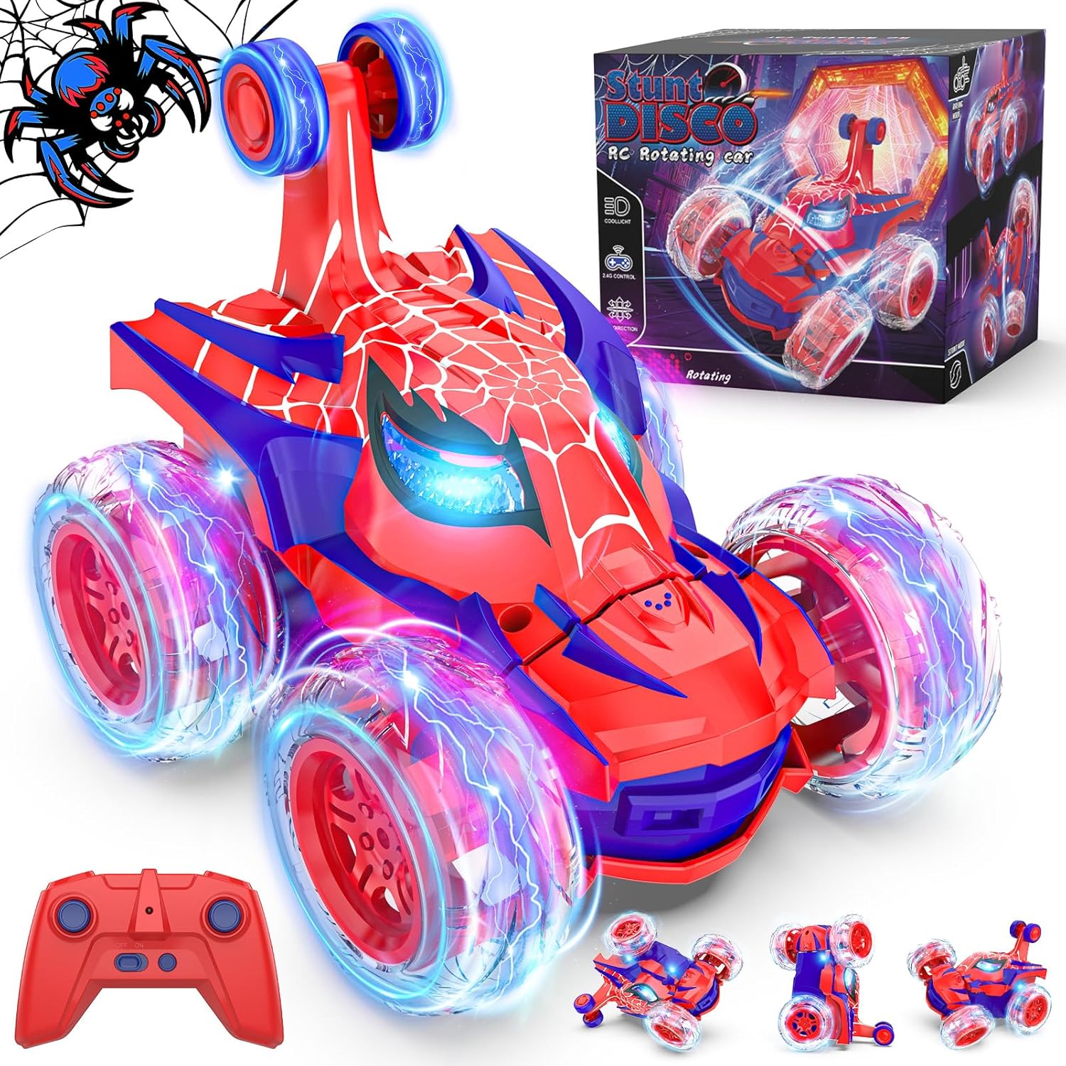 Detalle de Mafbeanl Remote Control Spider Stunt RC Car (Red) — 360° Rotation, 2.4GHz Control, Rechargeable Wheel Lights