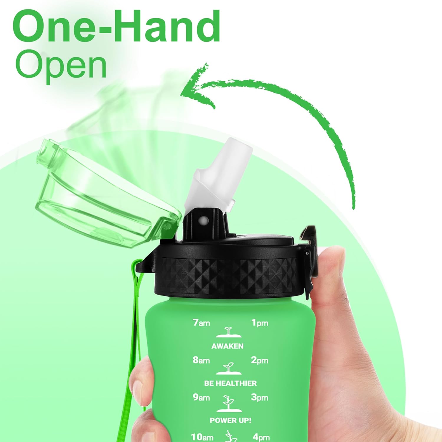 Thumbnail 1 de GOPPUS 350ml/12oz kids water bottle with straw, flip-top lid and strap (leakproof, BPA-free, grass green)