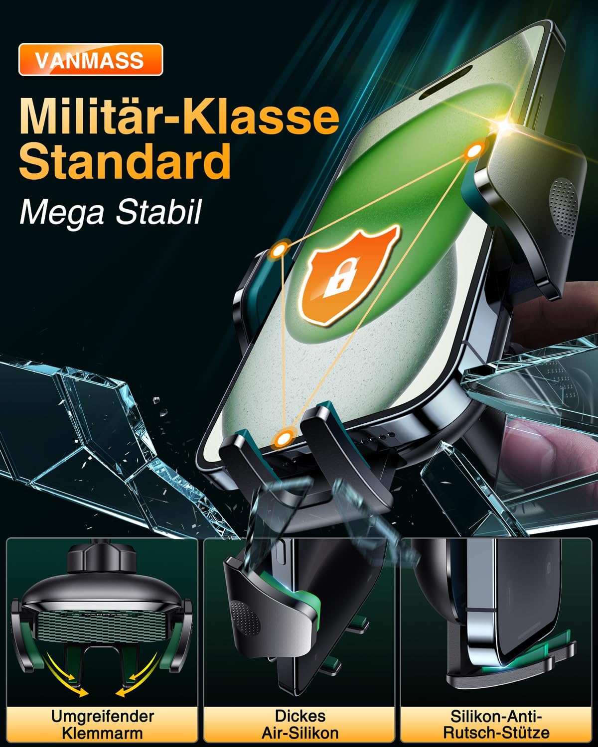 Thumbnail 1 de VANMASS 2026 militärische Handyhalterung für Auto mit Lüftungshaken – 360° drehbar, Metallhaken, grün