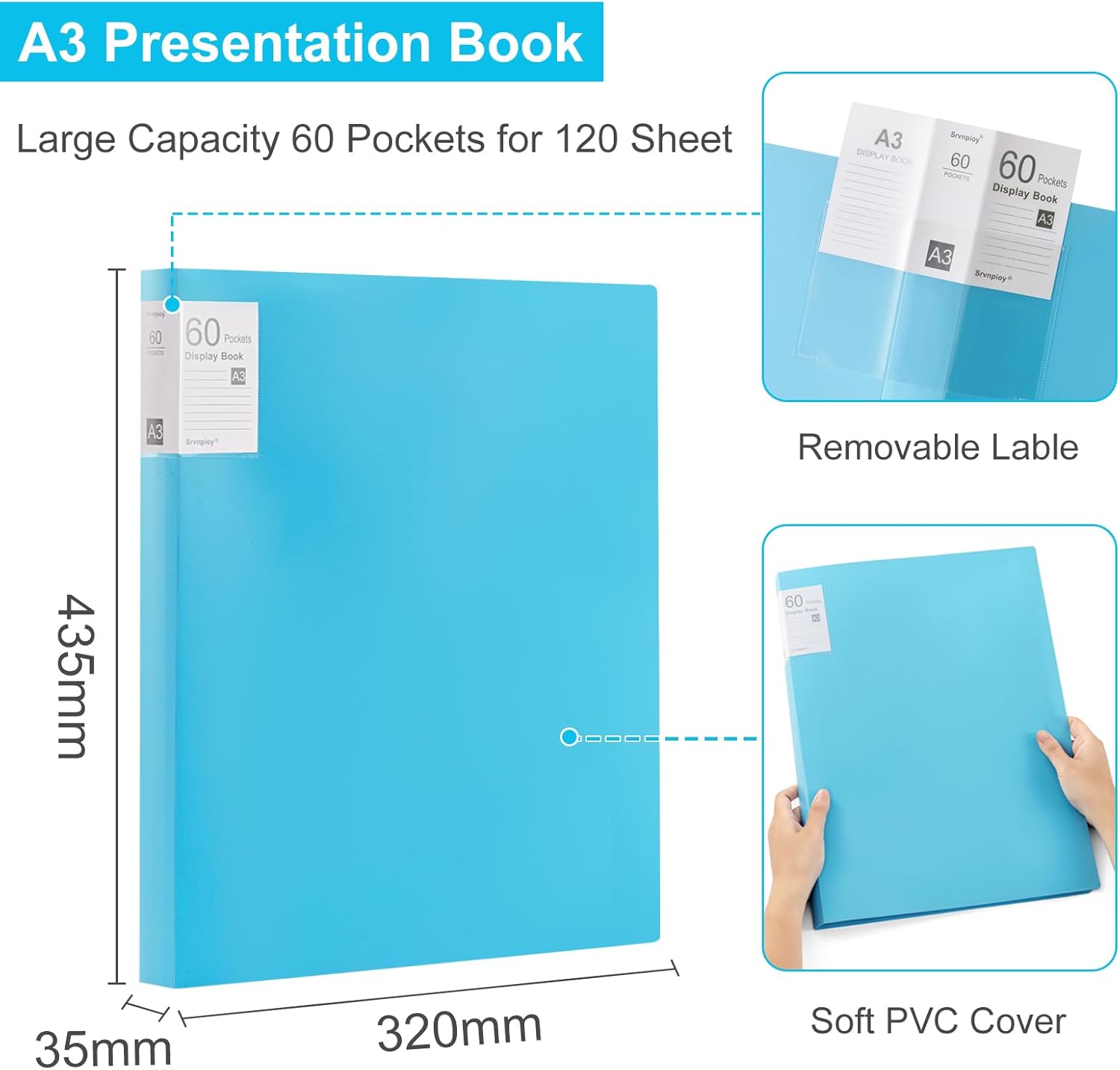 Thumbnail 1 de Porte-vues A3 Srvnpioy – Lot de 2 livrets avec 60 pochettes (120 vues) en polypropylène bleu