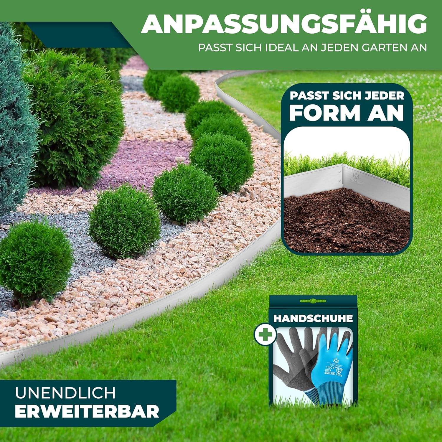 Thumbnail 5 de KESSER Rasenkante Beeteinfassung – Beetumrandung mit Handschuhen 10 m, 100 x 14 cm, Metall Palisade, Silber