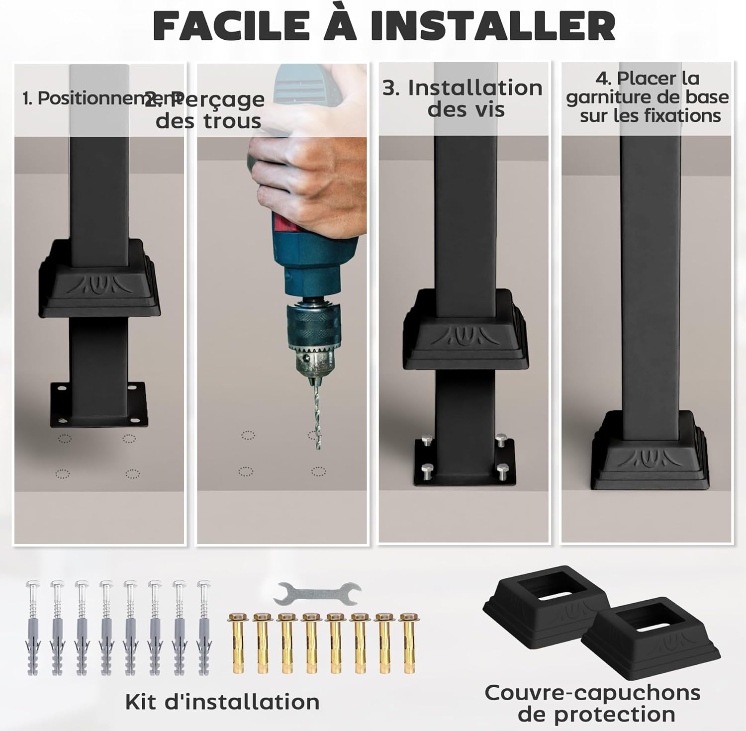 Detalle de Outsunny Rampe d’escalier extérieure pour 1 à 3 marches avec main courante et kit d’installation, angle réglable jusqu’à 45°, noir
