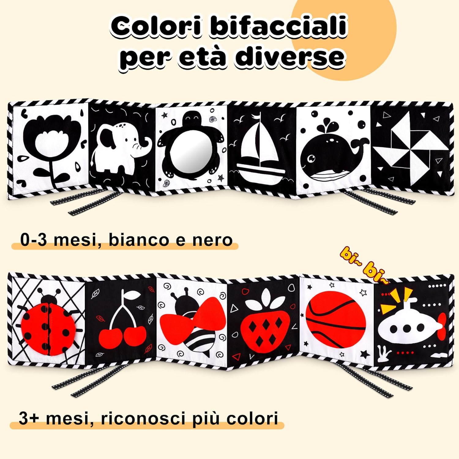 Detalle de Perbabe Giochi Neonato 31 pz: libro sensoriale, carte bianco/nero e accessori Montessori 0-12 mesi