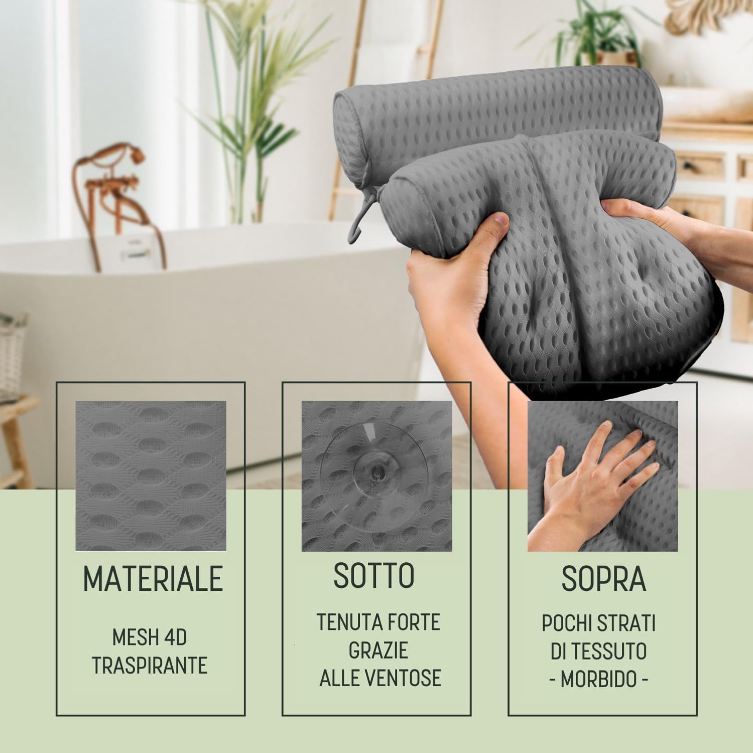 Detalle 2 de SilverRack Cuscino da bagno MORBIDO Grigio 4D – Supporto ergonomico per testa e collo con ventose sicure