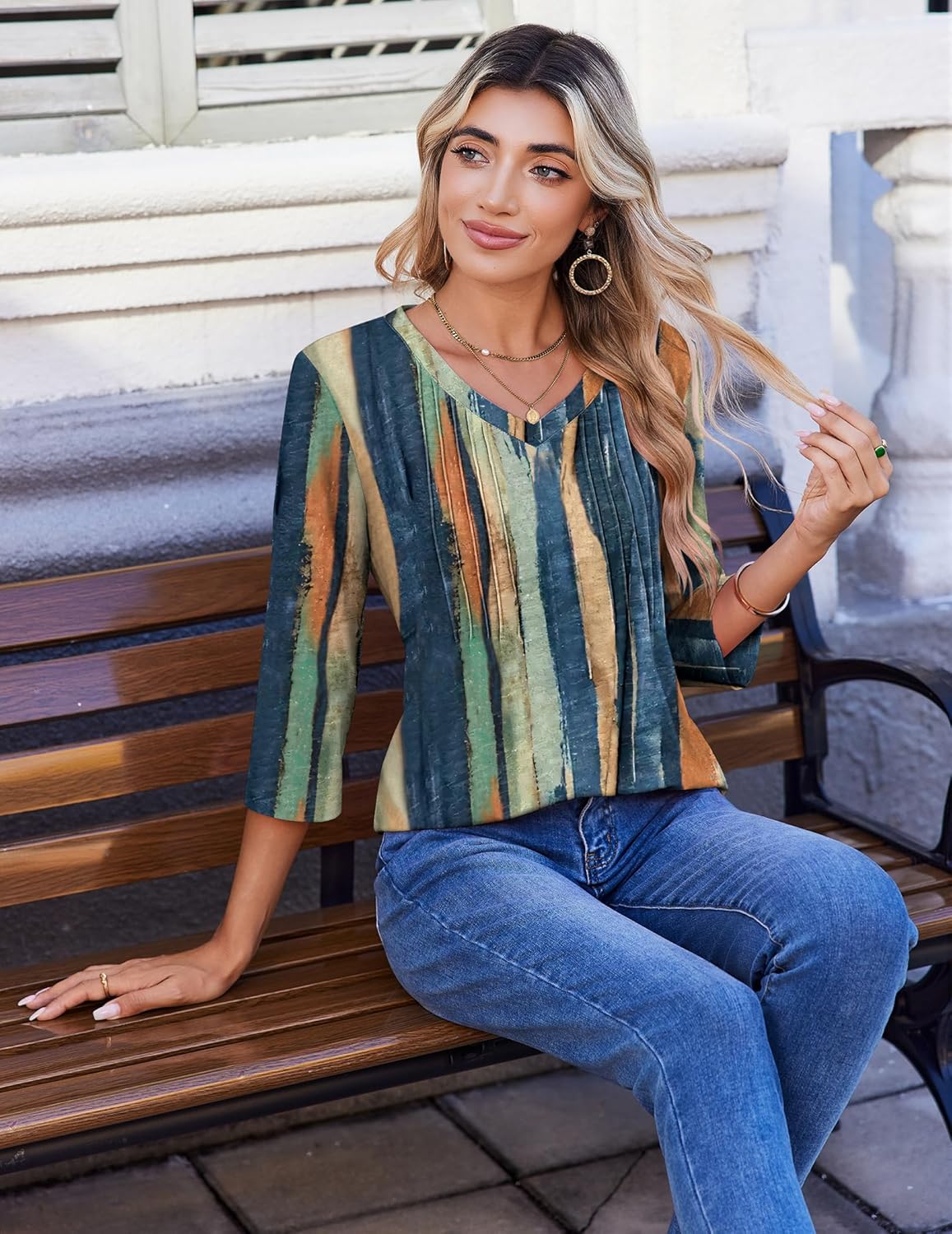Thumbnail 4 de Zeagoo 3/4 Sleeve V Neck Pleated Top