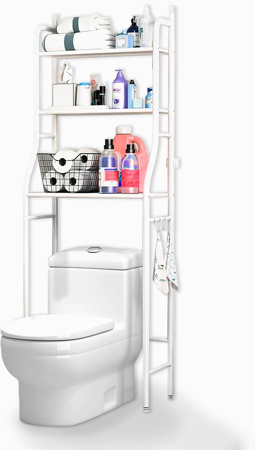 Detalle de JUPPLIES Estantería Baño sobre Inodoro (47×26×153 cm) – Mueble auxiliar de 3 niveles en metal blanco