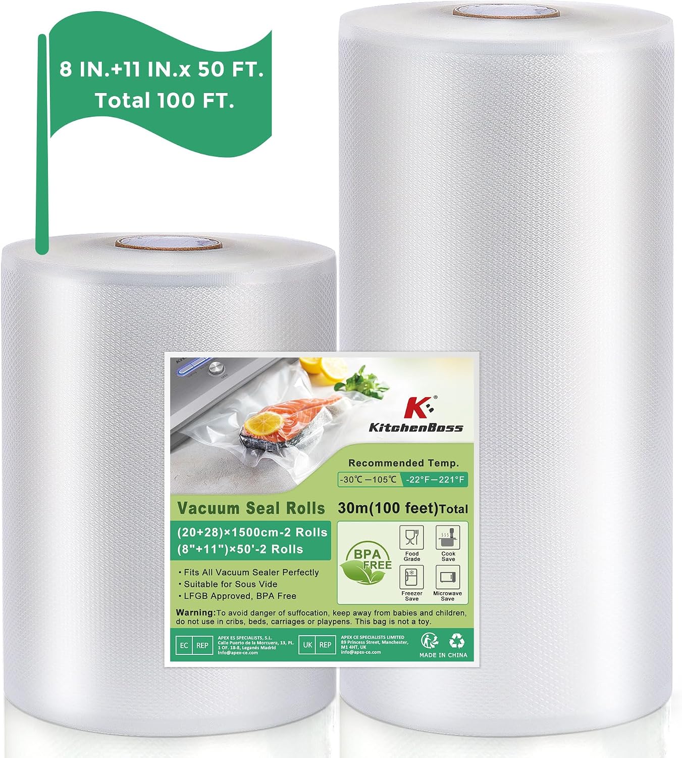 Detalle de KitchenBoss Vacuum Sealer Rolls, 100 ft, 8 in and 11 in BPA-Free PA/PE Film
