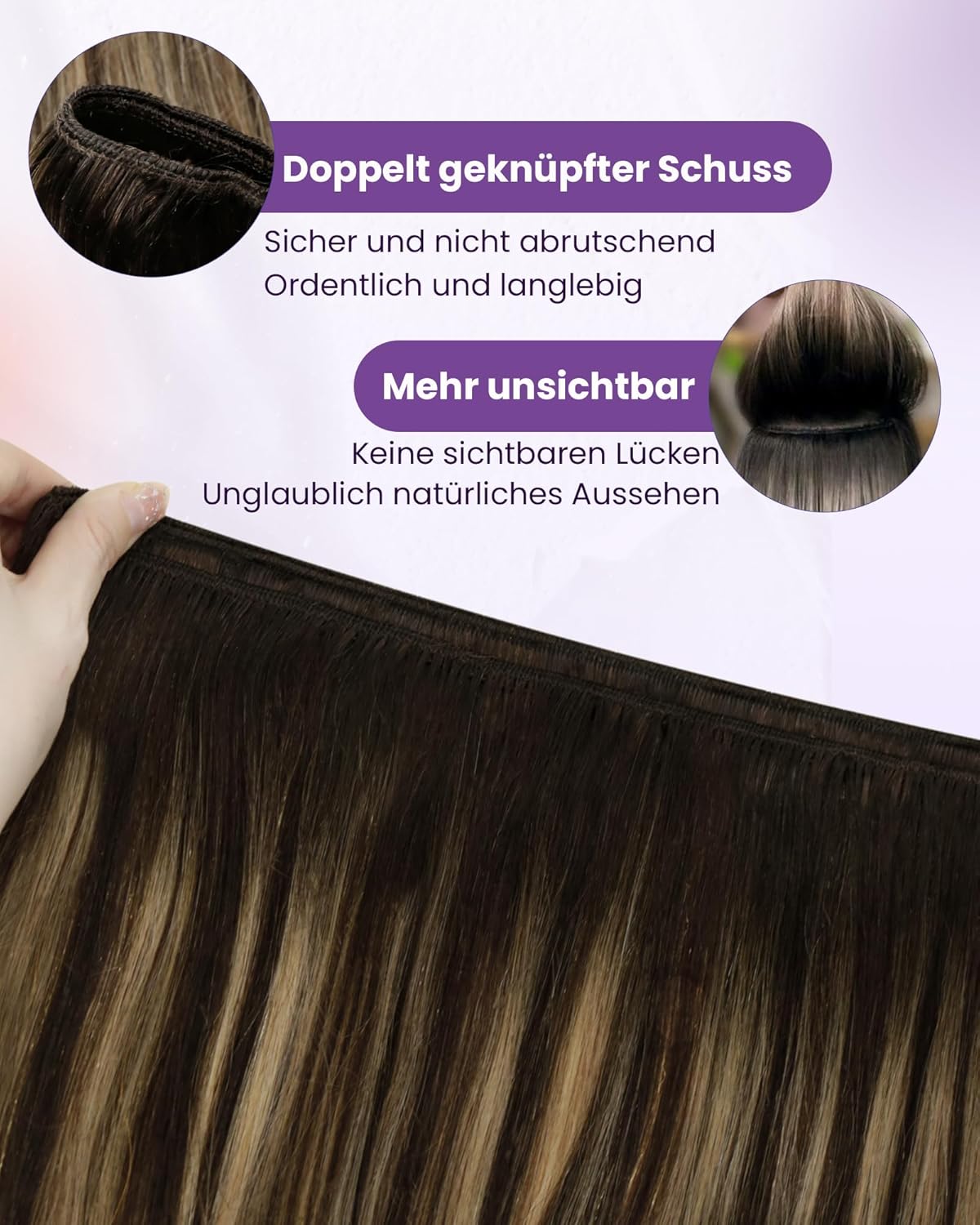 Detalle de LaaVoo Echthaar Extensions Tressen Braun Ombre – Echthaar zum Einnähen, 100 g, 55 cm, Dunkelbraun Balayage Caramel Blond