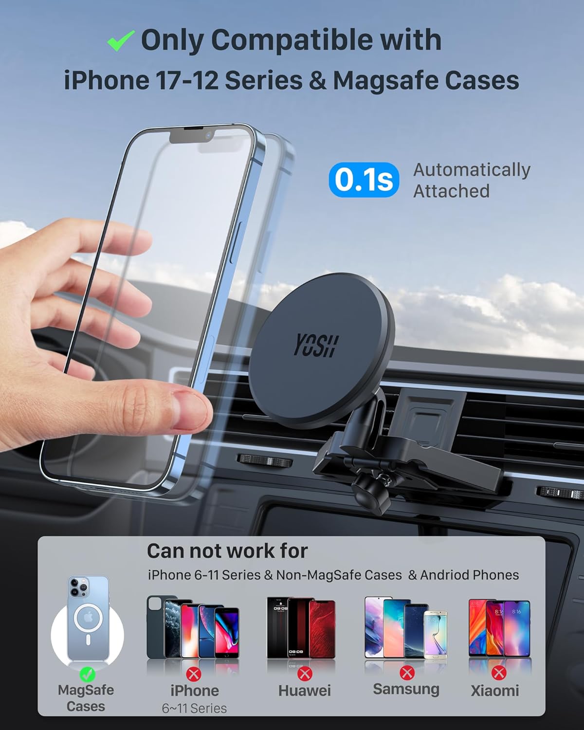 Detalle 2 de YOSH Porta Cellulare Auto CD MagSafe: supporto girevole 360° per iPhone 12–16 e custodia MagSafe