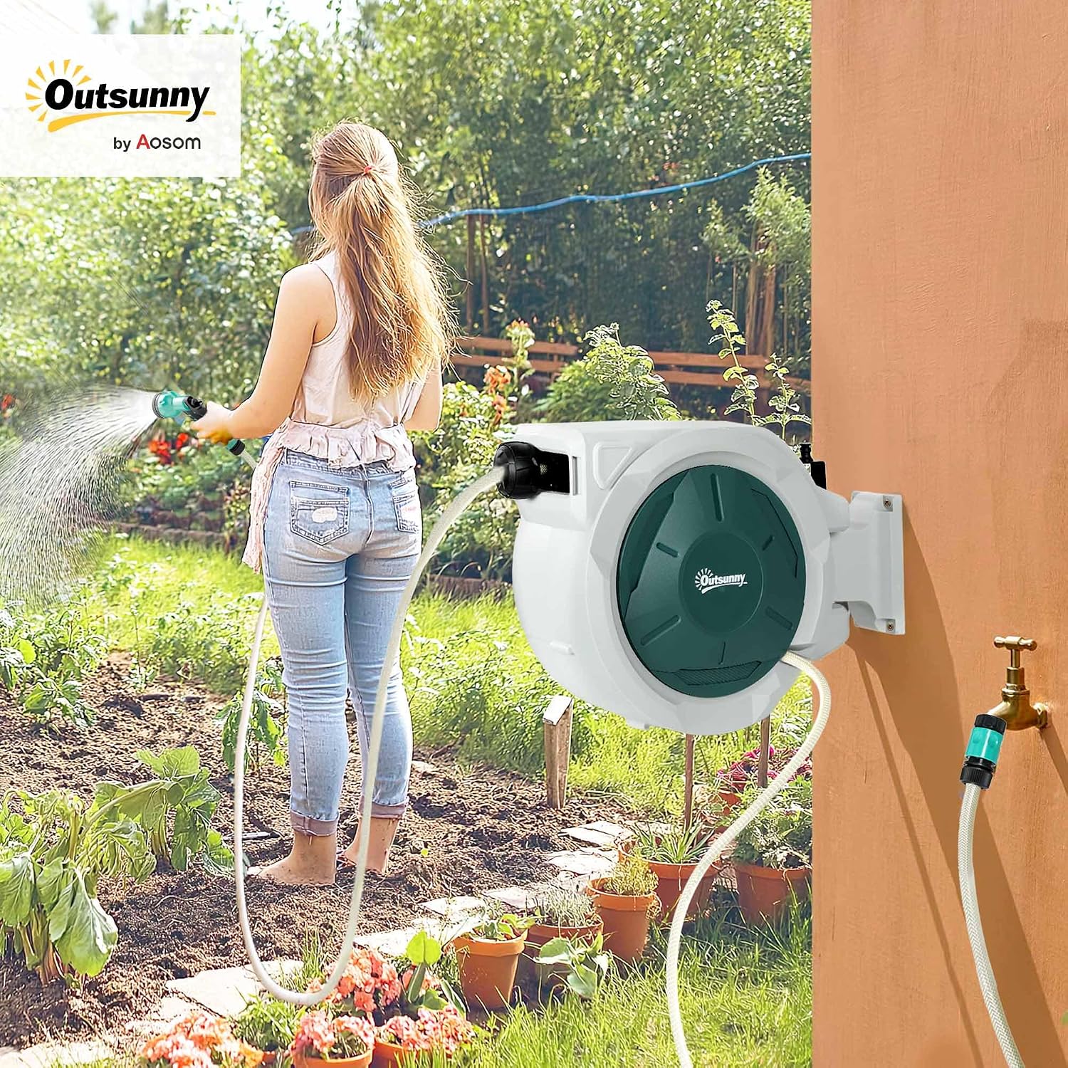 Thumbnail 1 de Outsunny 84H-323V01GN Retractable Hose Reel, 20m Hose, 180° Swivel