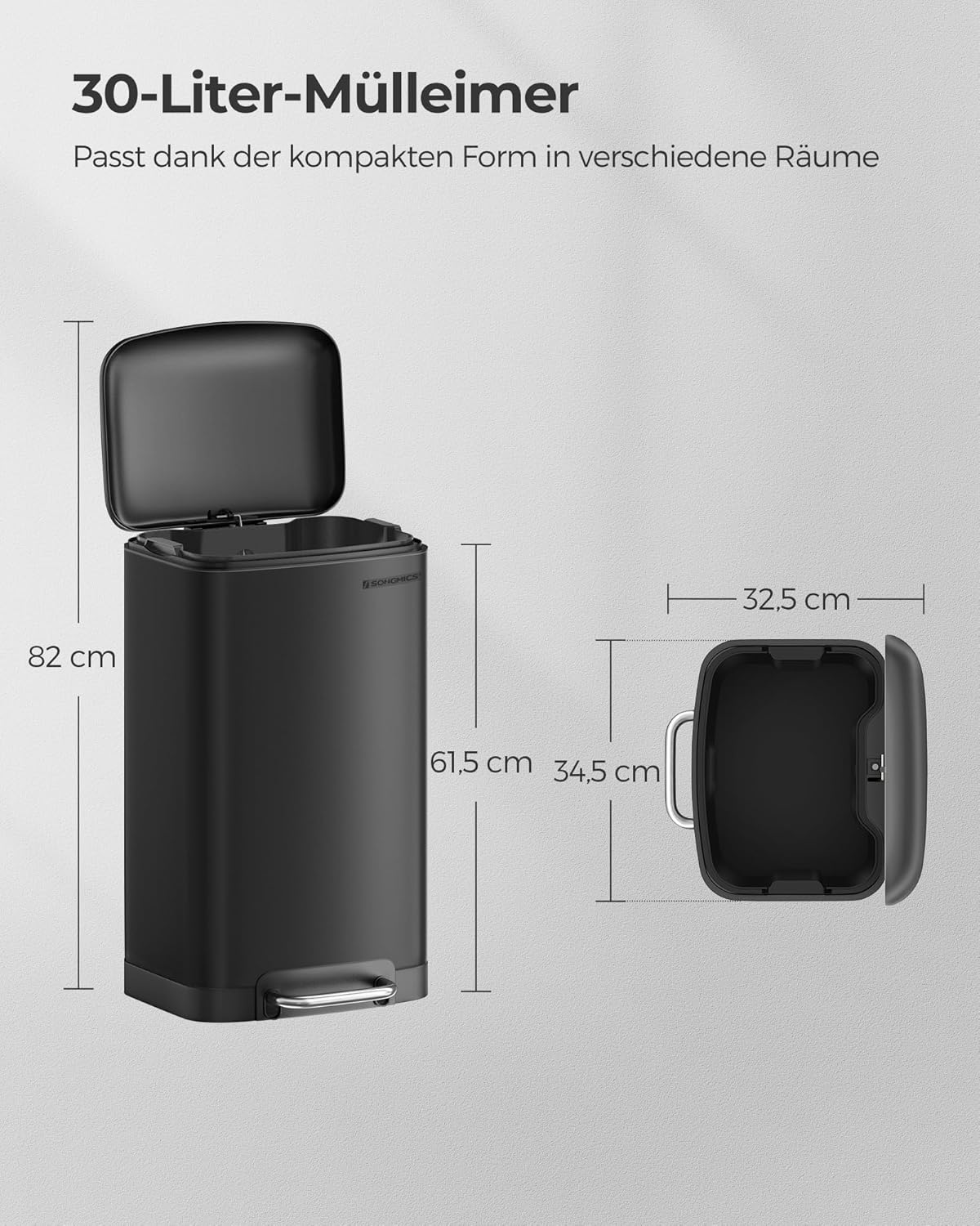 Detalle de SONGMICS Mülleimer 30 L mit Pedal aus Stahl, Innenbehälter und Deckel, Soft-Close, luftdicht – Schwarz LTB01BK