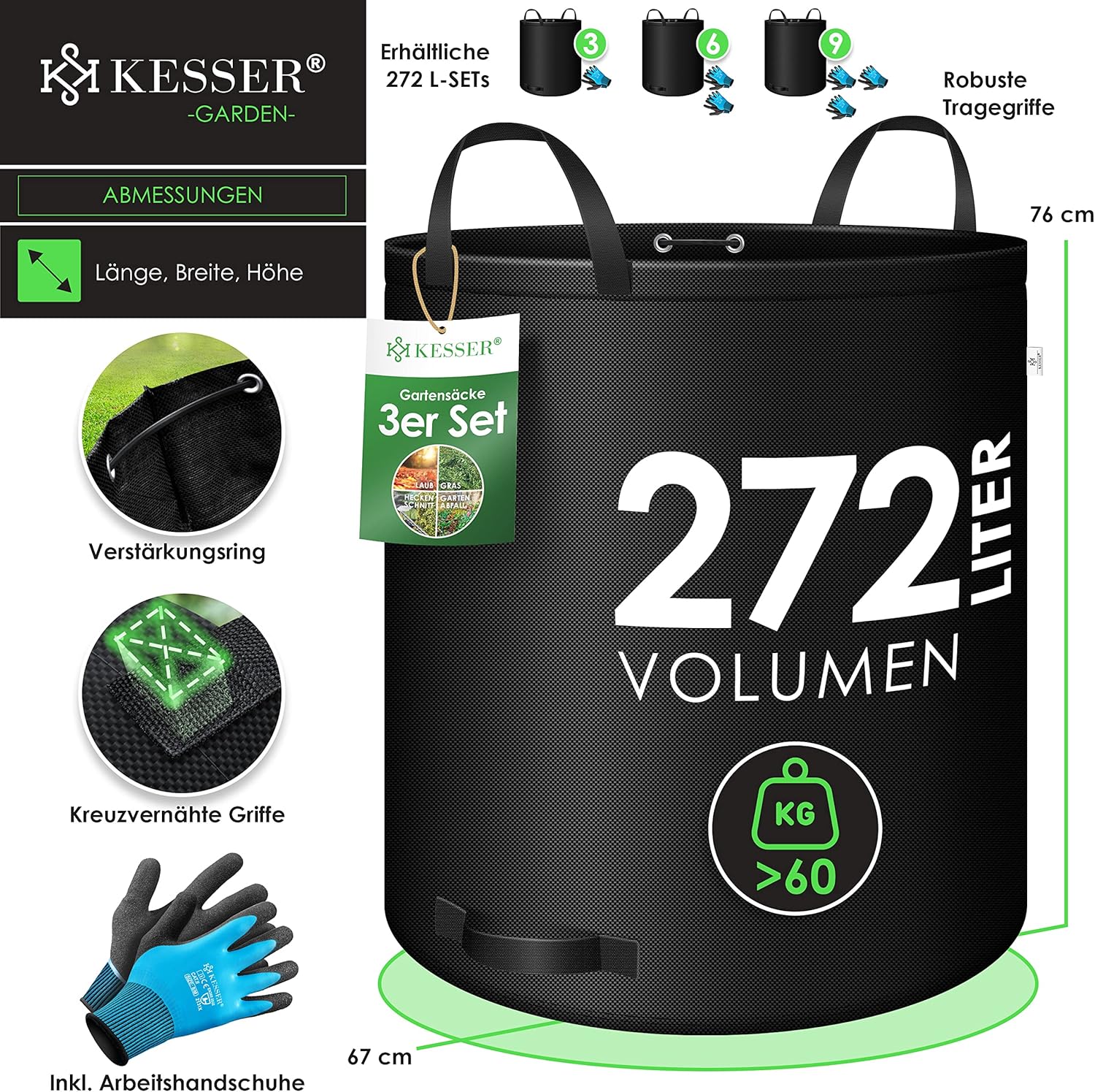 Thumbnail 6 de KESSER® Gartensack-Set (3x 272 l) mit Handschuhen, selbststehend, 4 Tragegriffe