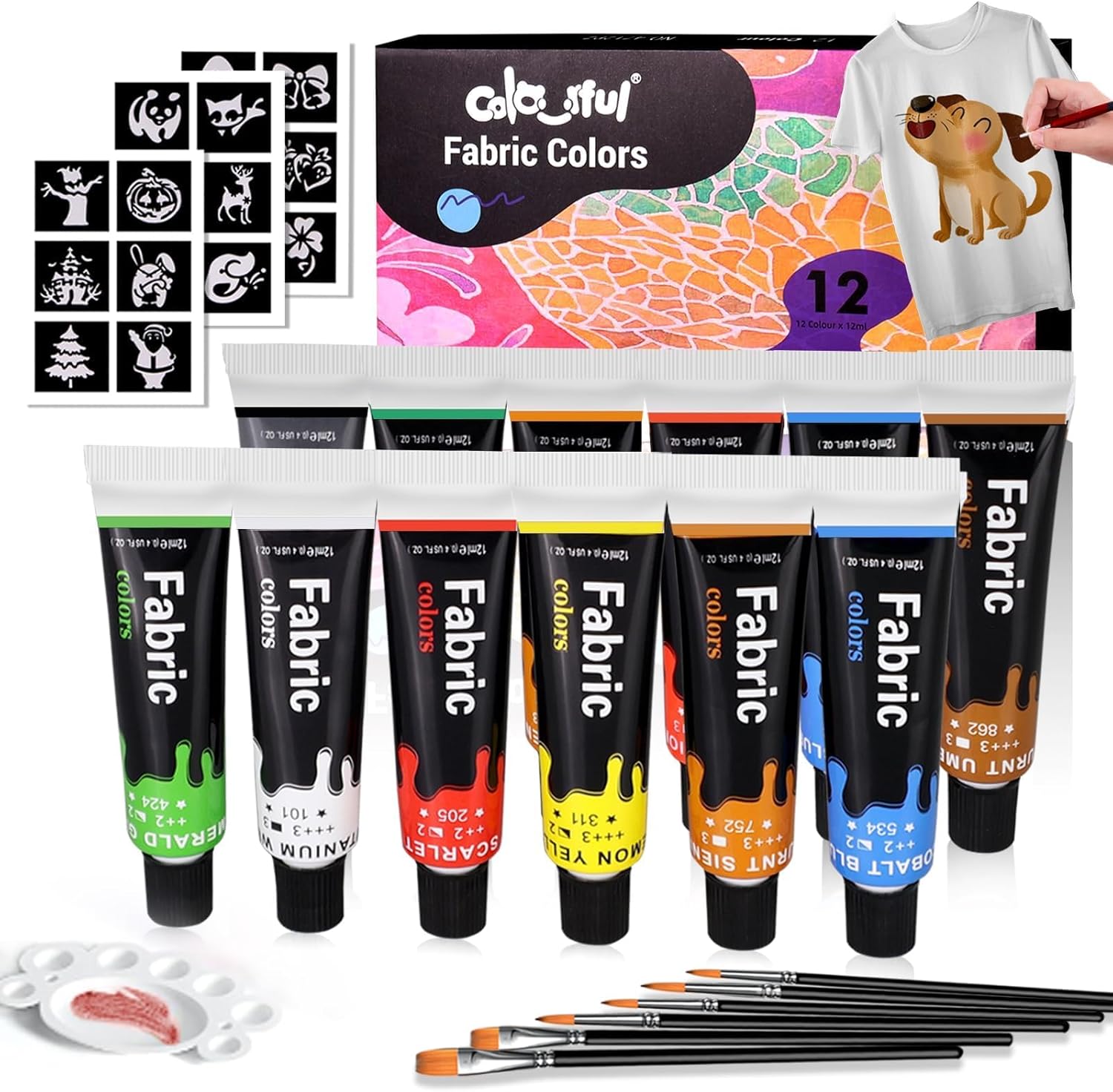 Colorful 12-Colour Fabric Paint Set for Clothes, Shoes & Canvas (Permanent, Non-Toxic)