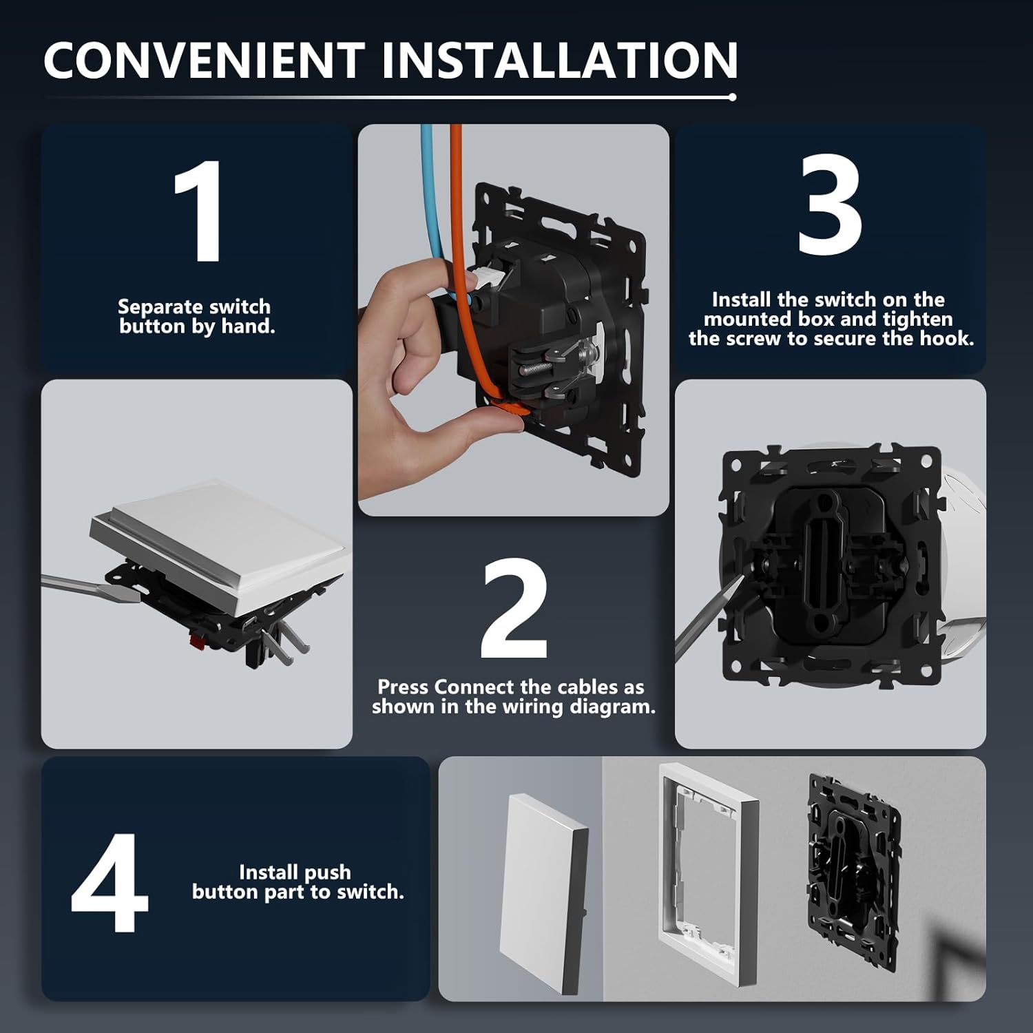 Thumbnail 4 de BSEED Lichtschalter mit Steckdose, 1-fach 1-Wege Unterputz (Schuko) im modernen Wandschalter-Design, weiß