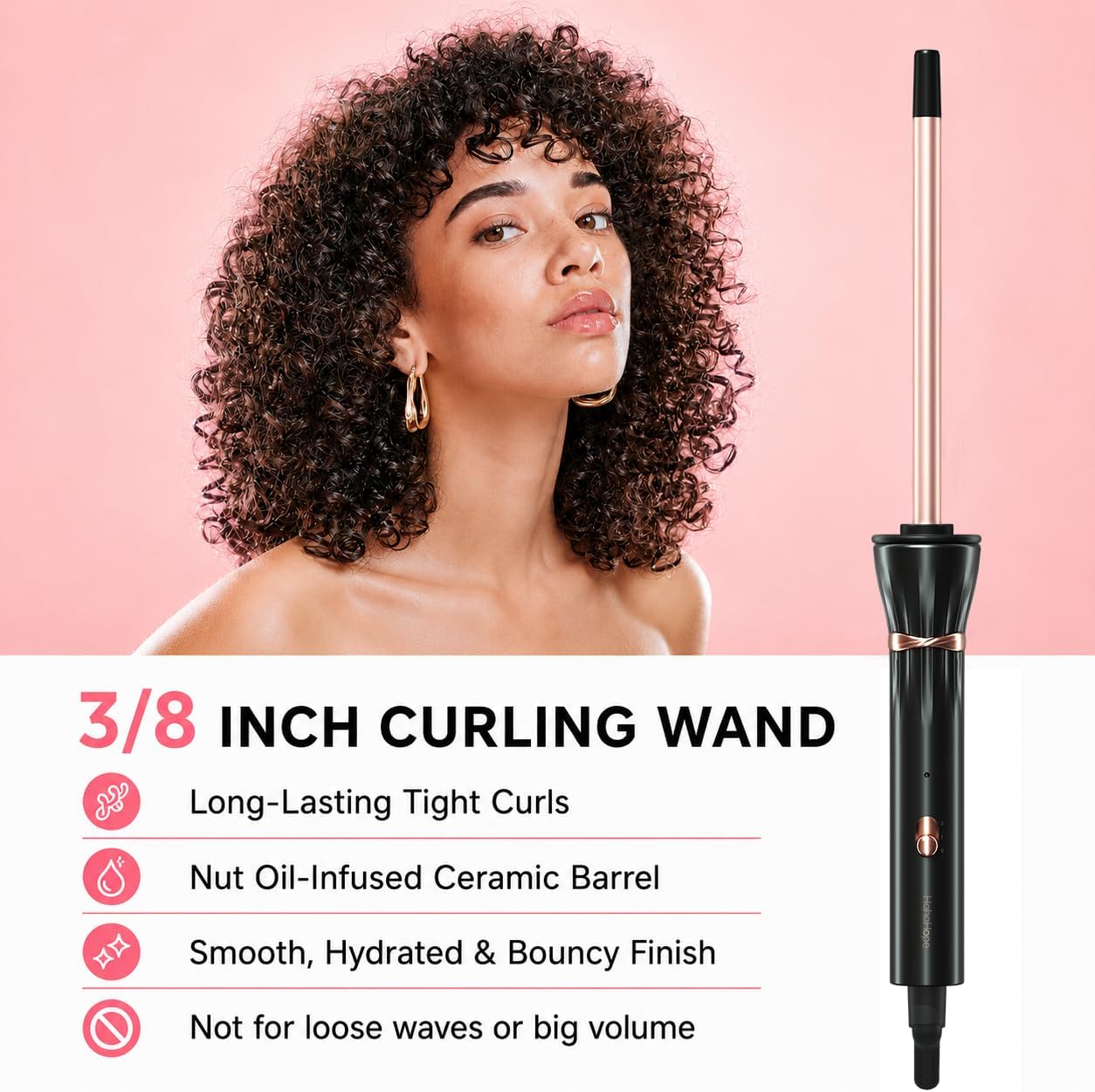 Detalle de Hahahope 3/8 Inch Curling Wand (9mm) – Tiny Barrel for Tight Curls