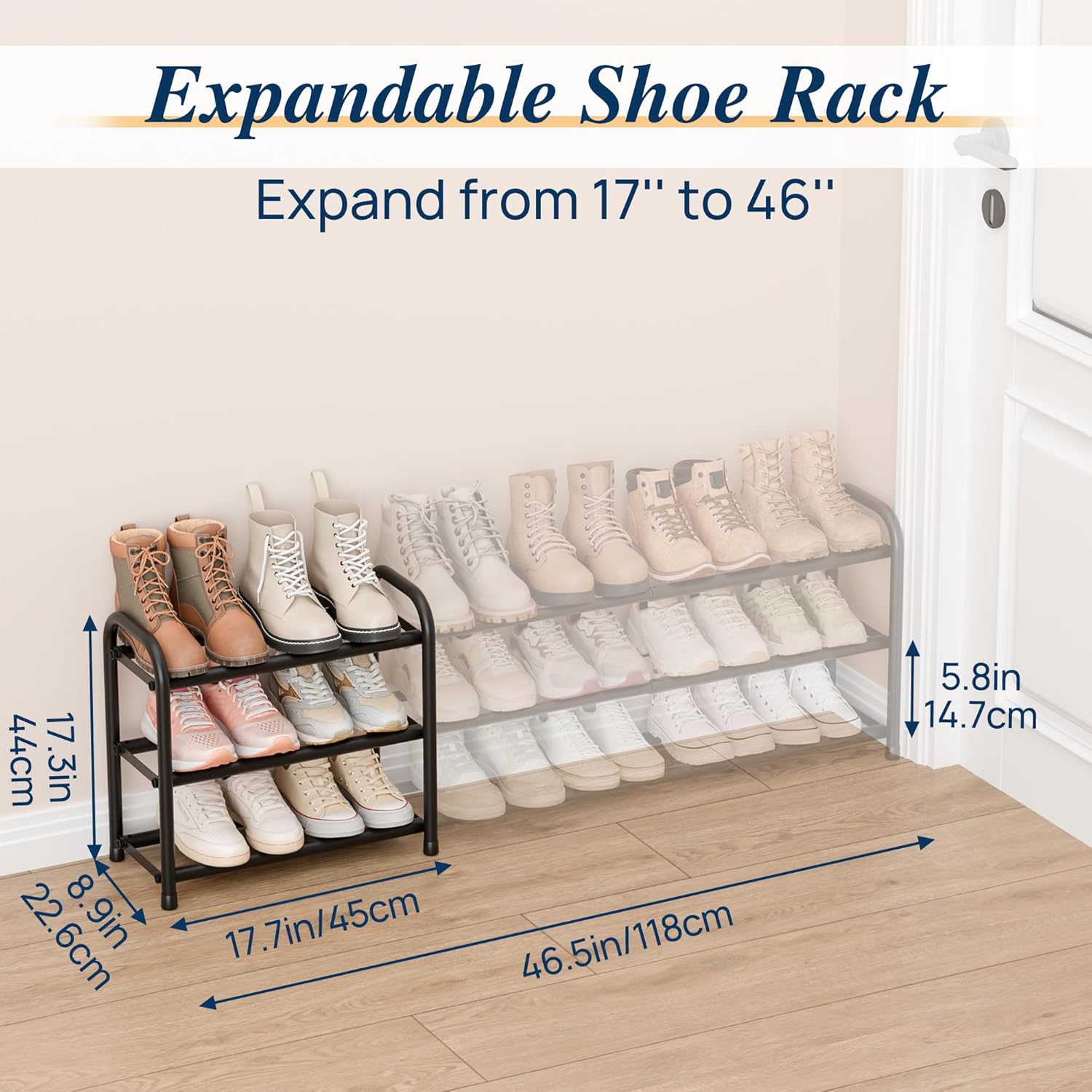 Detalle de ENJOYBASICS Expandable 3-Level Metal Shoe Rack (45–118 cm) in Black
