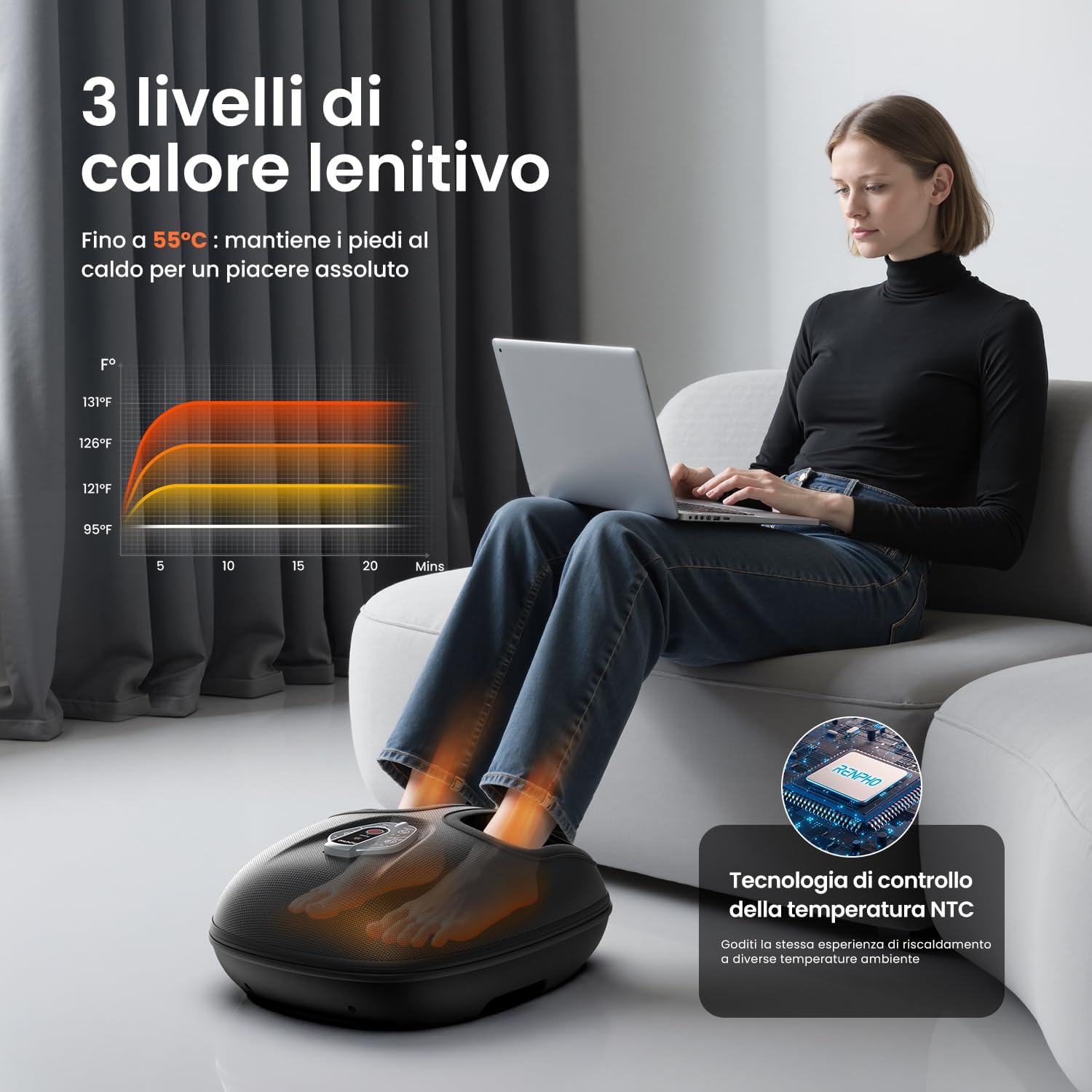 Detalle 2 de RENPHO Massaggiatore per Piedi con Calore portatile: impastamento 3D profondo e 3 intensità