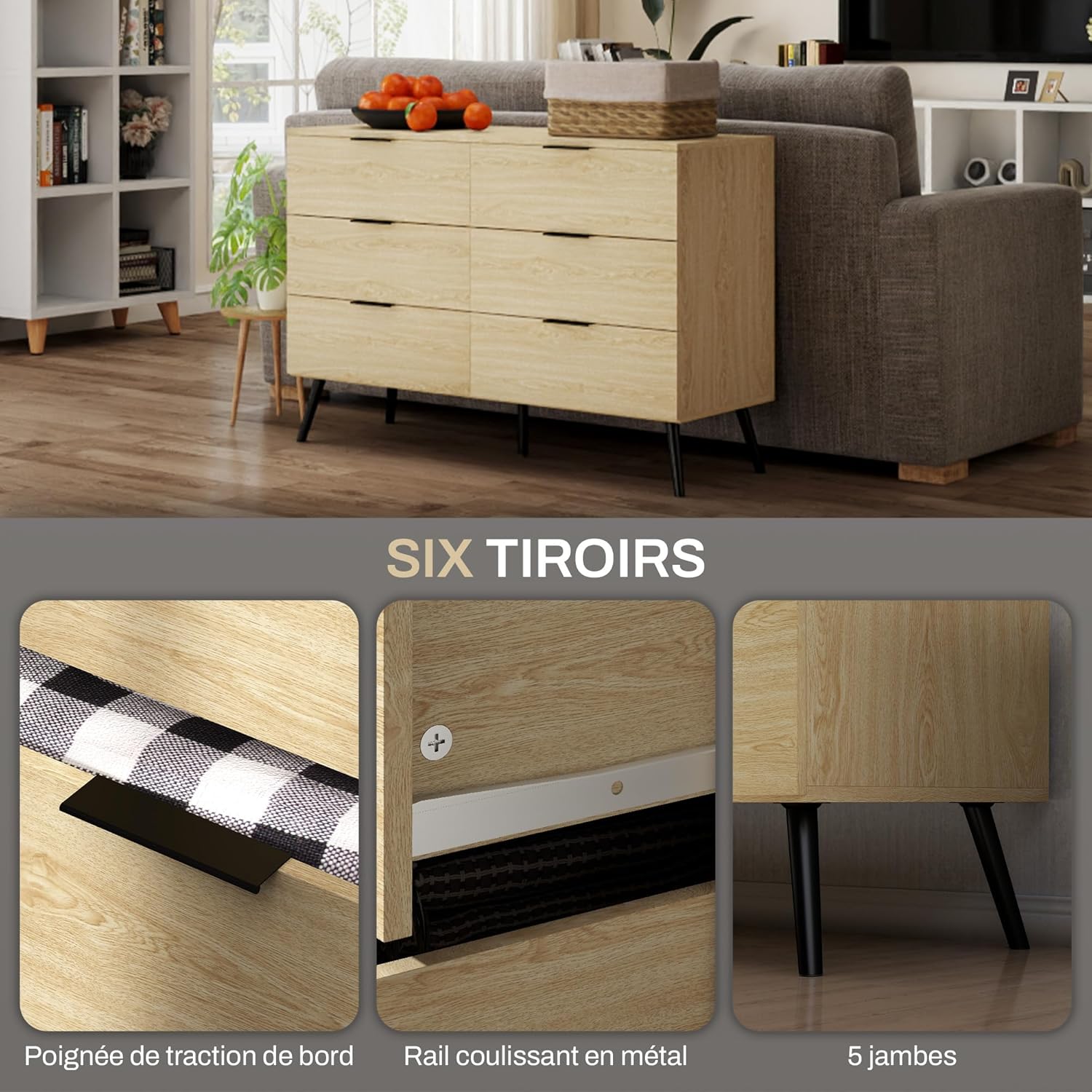 Thumbnail 4 de HOMCOM Commode à 6 tiroirs – Design moderne, stabilité anti-basculement, 110 x 40 x 75 cm