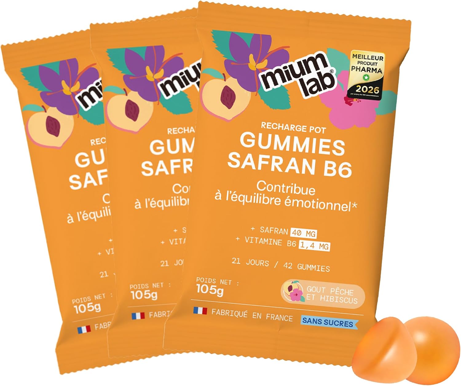 Mium Lab Gummies Safran & Vitamine B6 (40 mg) sans sucres — enfants dès 4 ans et adultes