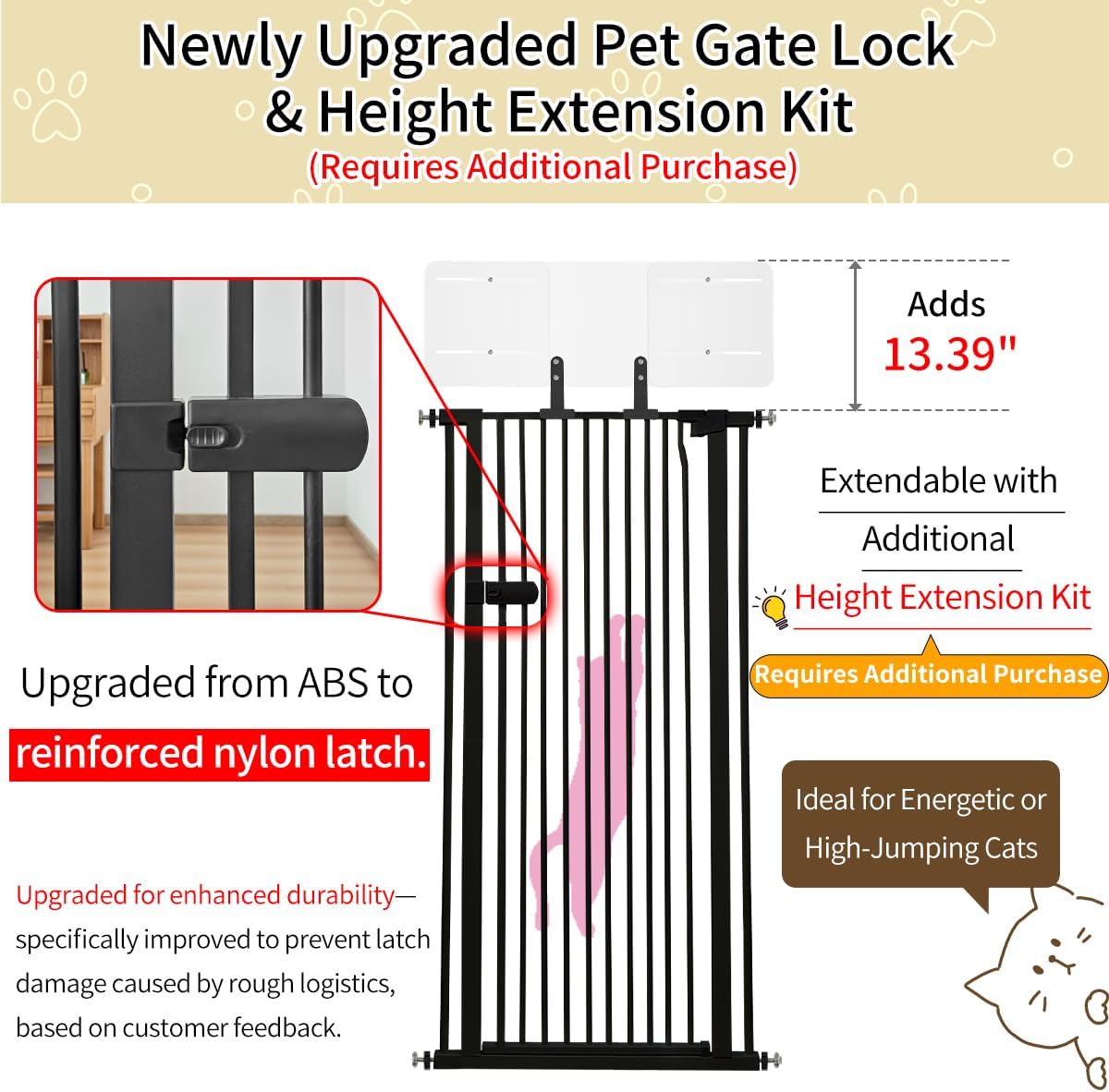 Detalle de Lumizone Extra Tall Cat Gate, 55.12-Inch Metal Pressure-Mounted Gate