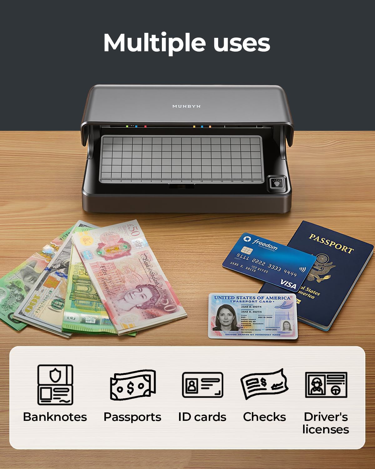 Thumbnail 5 de MUNBYN IMC26 UV Money Detector: Portable Counterfeit Bill Checker with UV & White Light